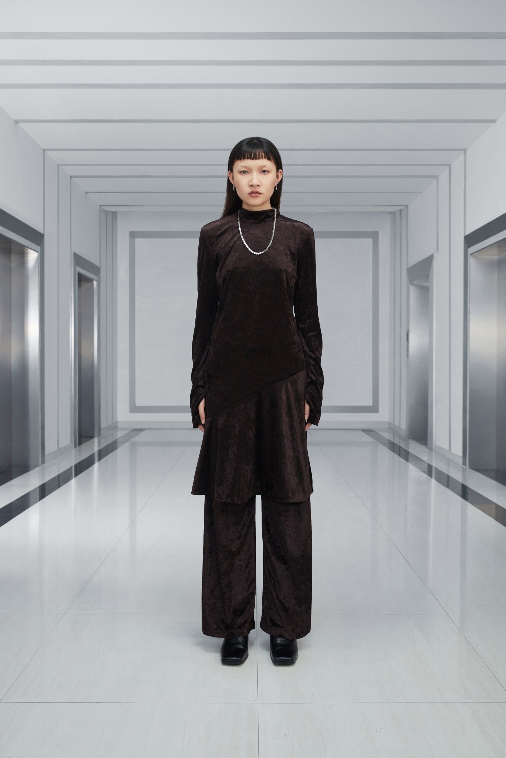 brown velvet midi dress with wide-leg pants