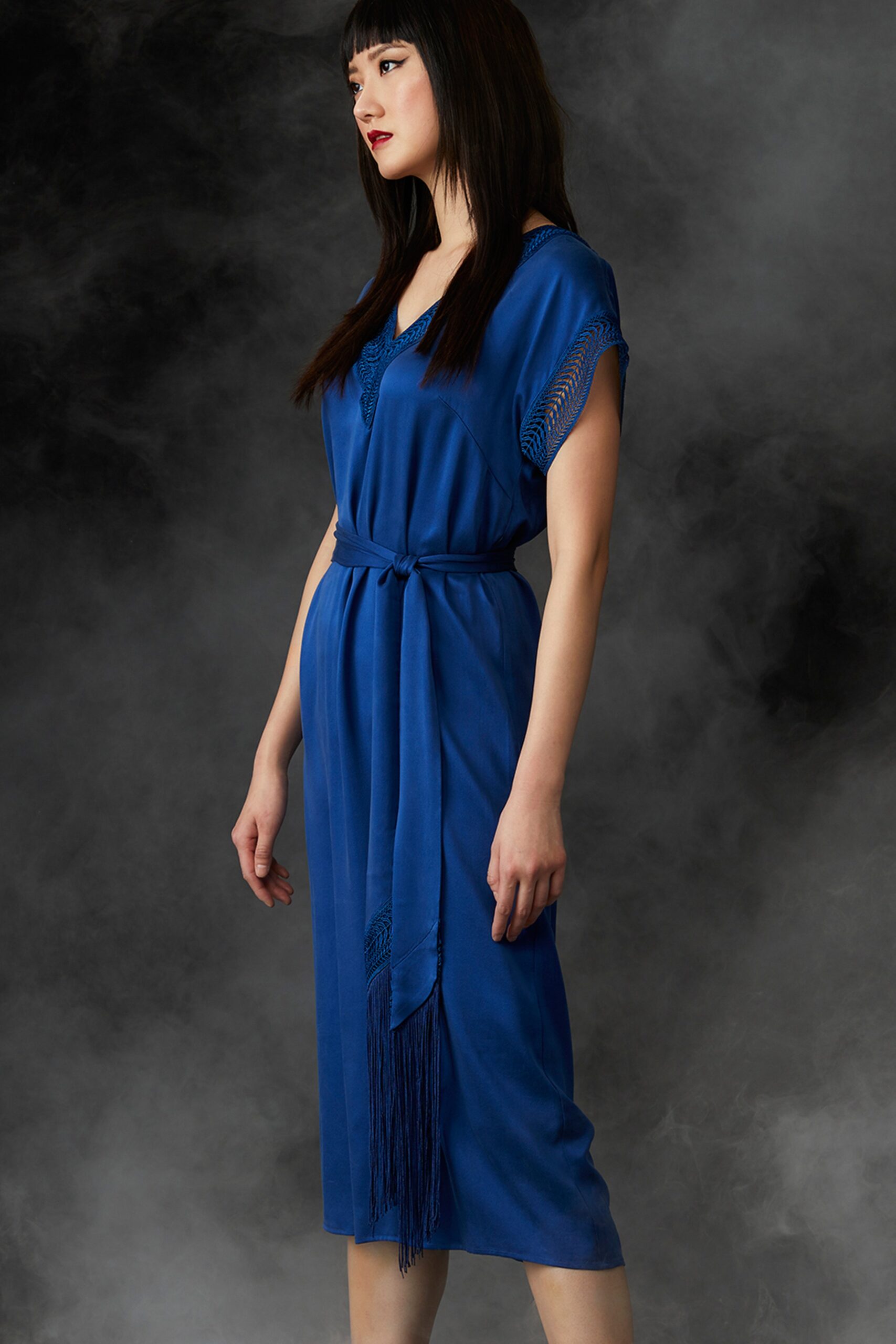 blue belted midi dress