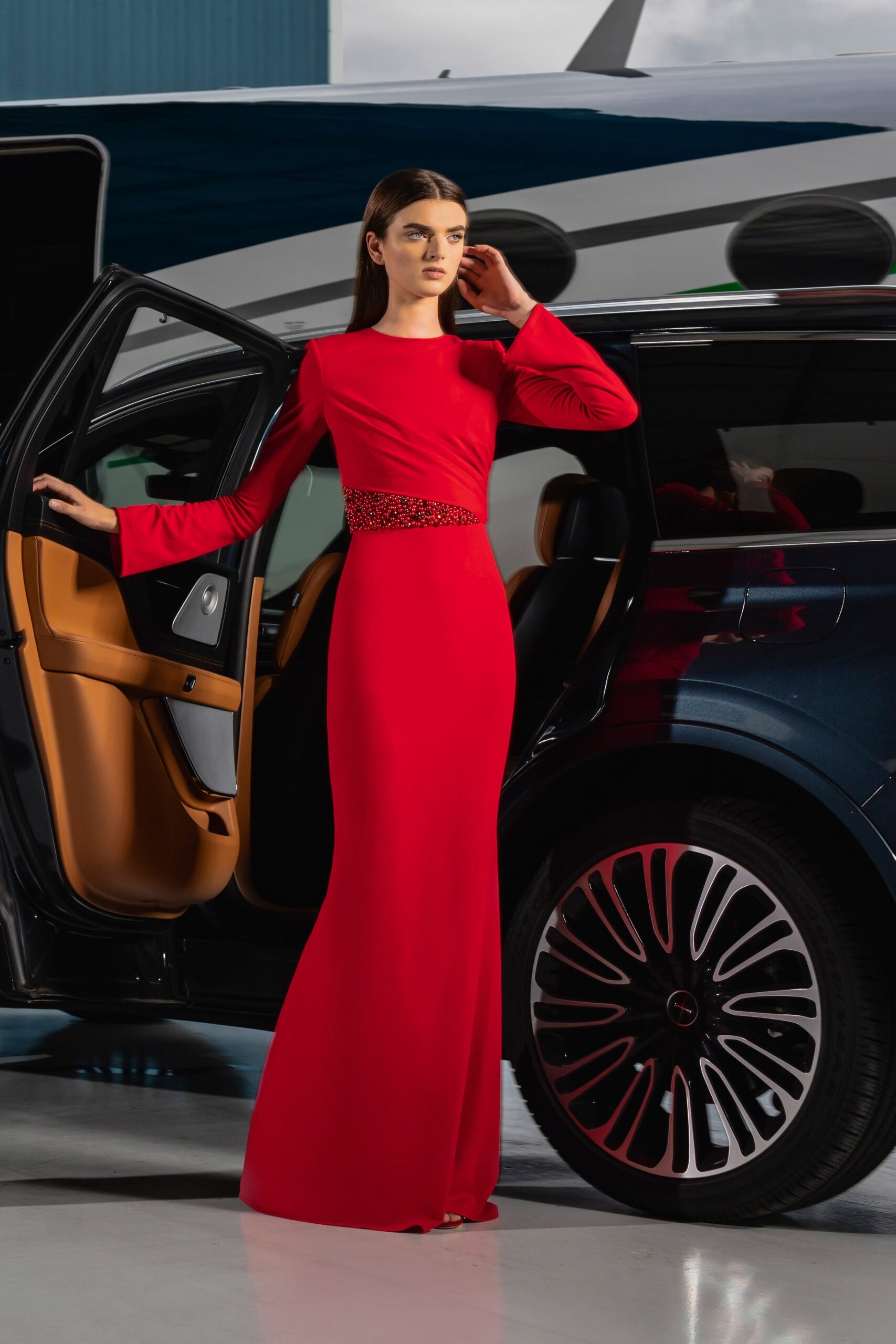 fitted red silk gown