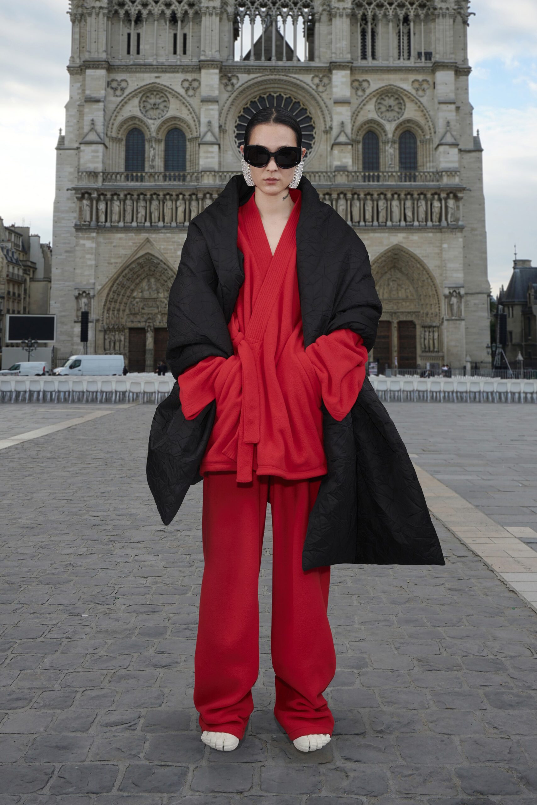black wool coat with red outfit