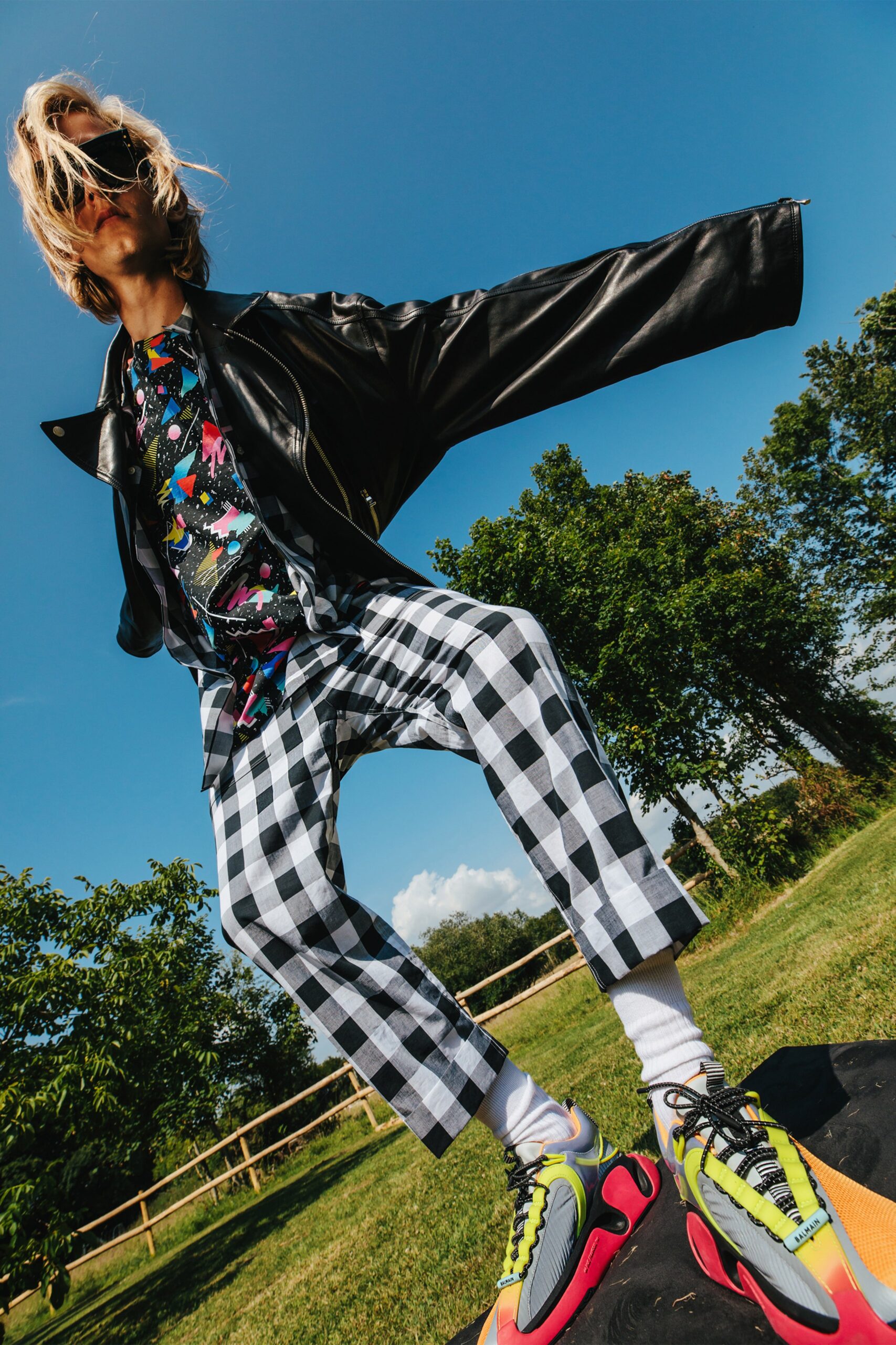 black leather oversized jacket with printed top