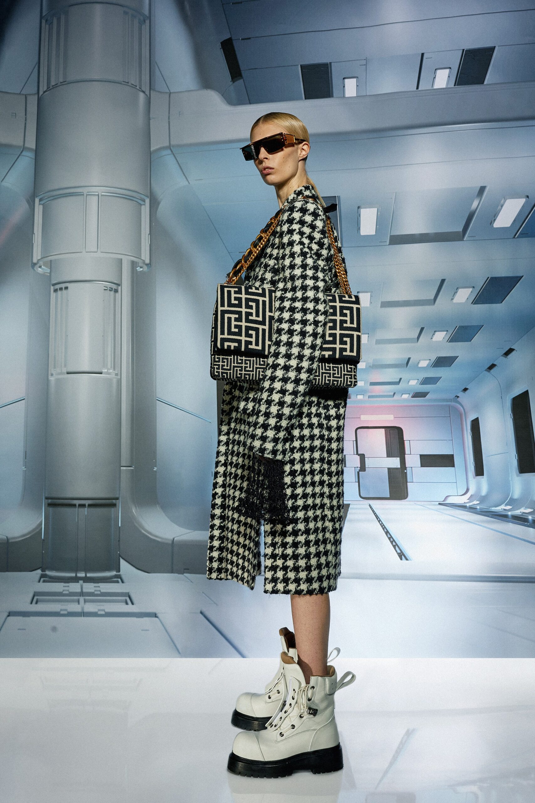 black and white checked coat