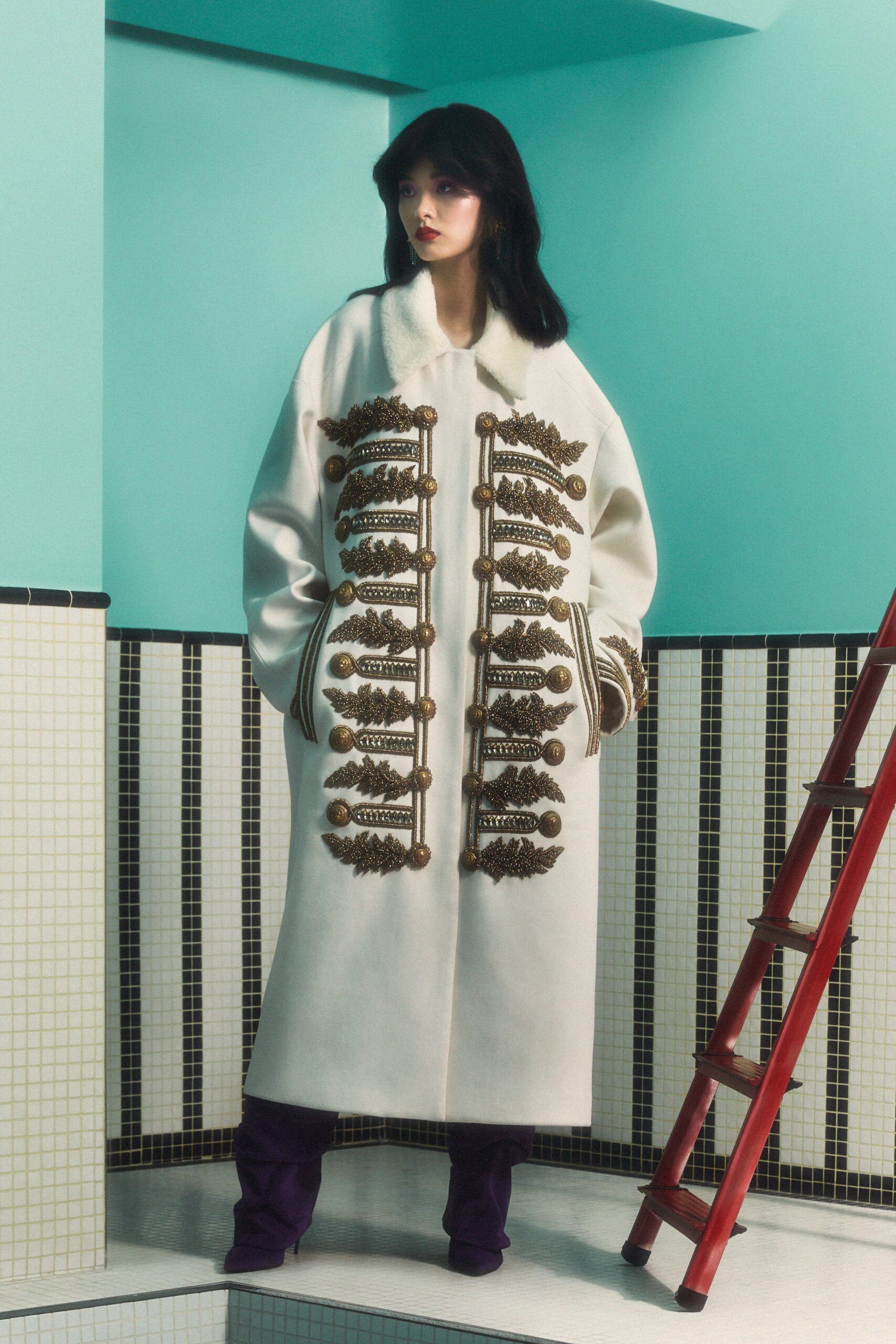 white embroidered coat with purple pants