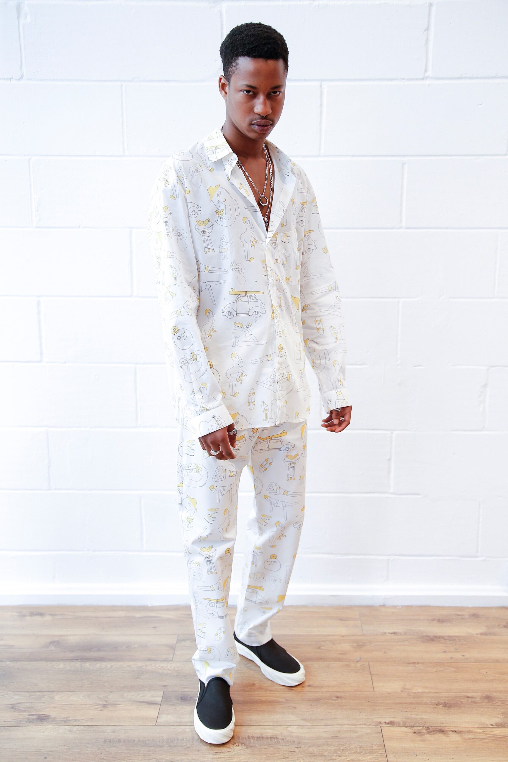 white printed shirt and pants