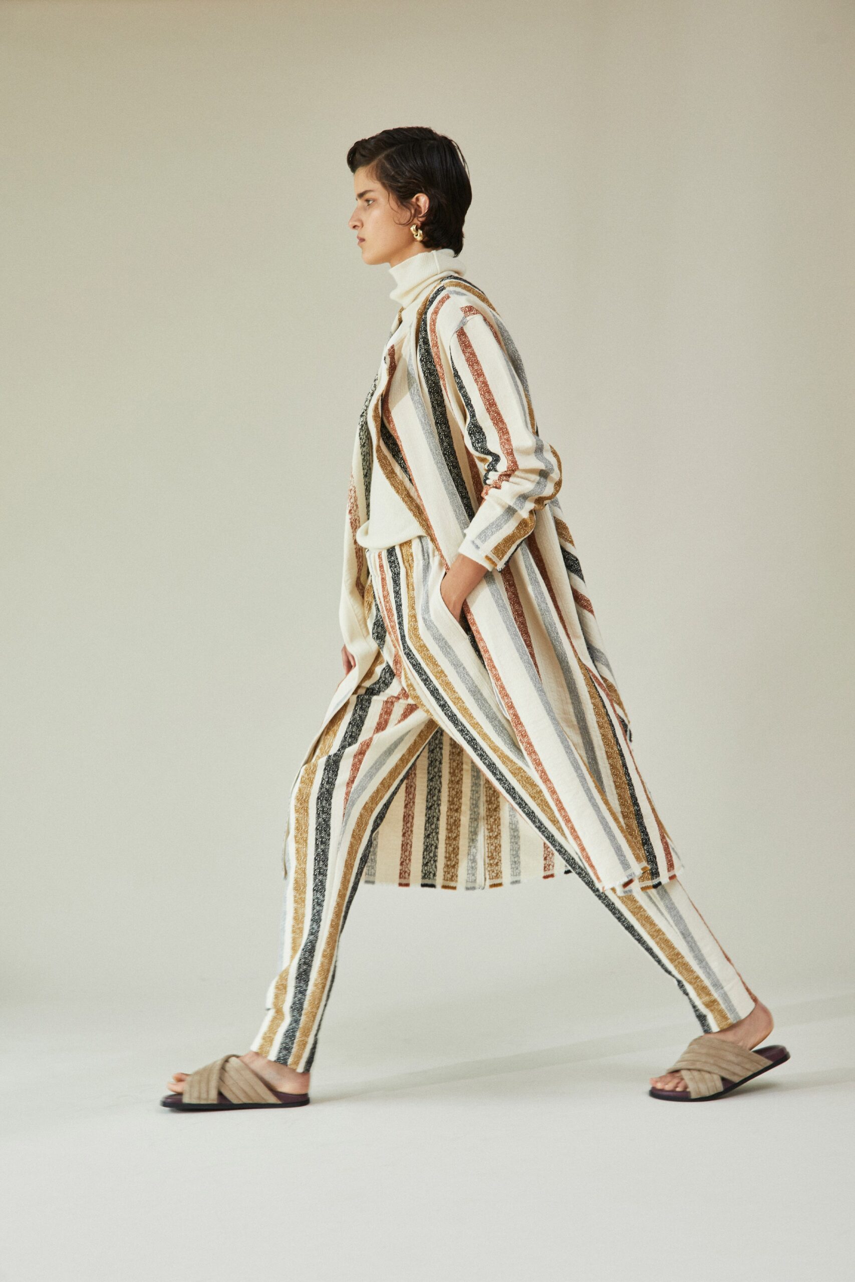 striped coat and pants outfit