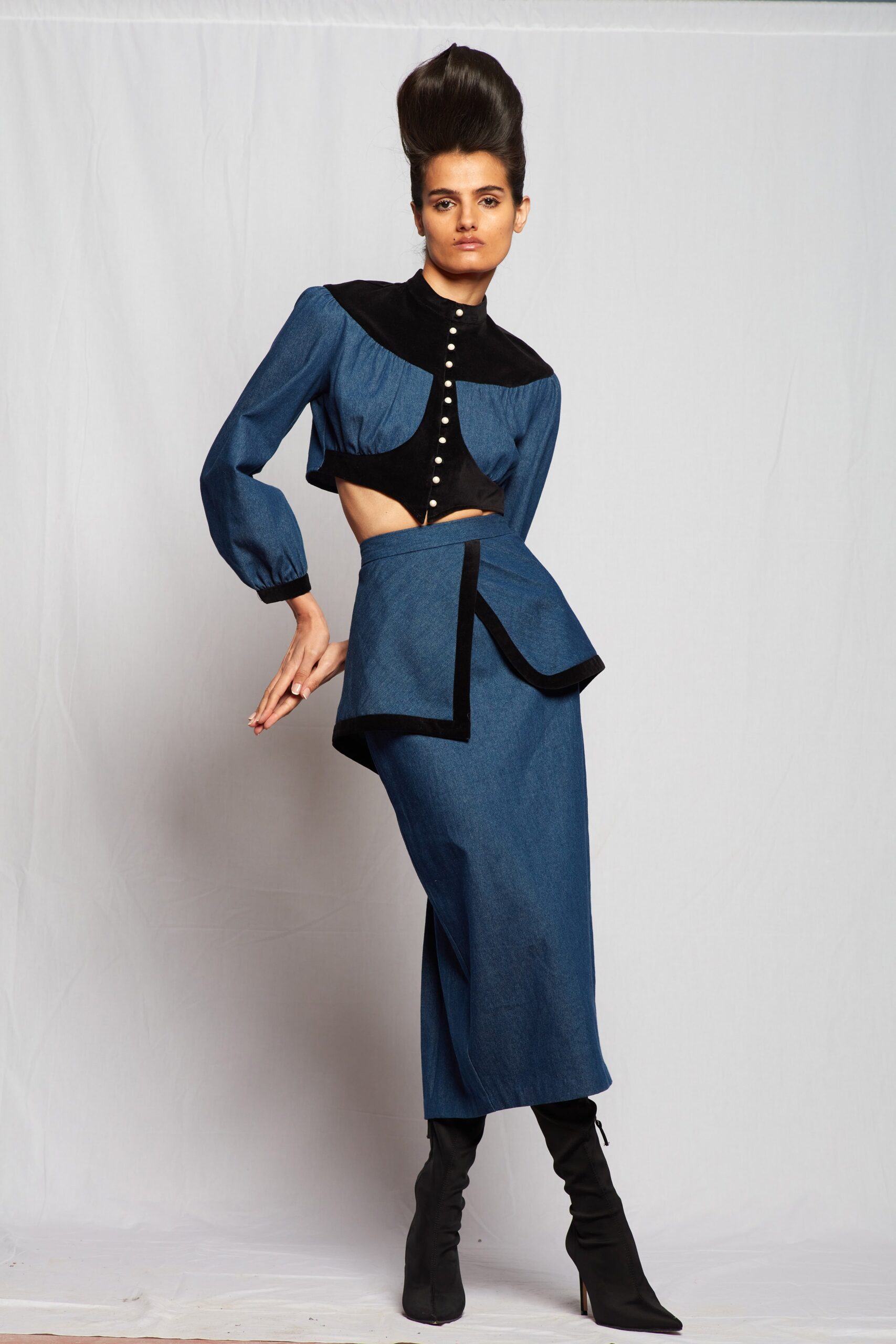 blue denim fitted blouse and skirt