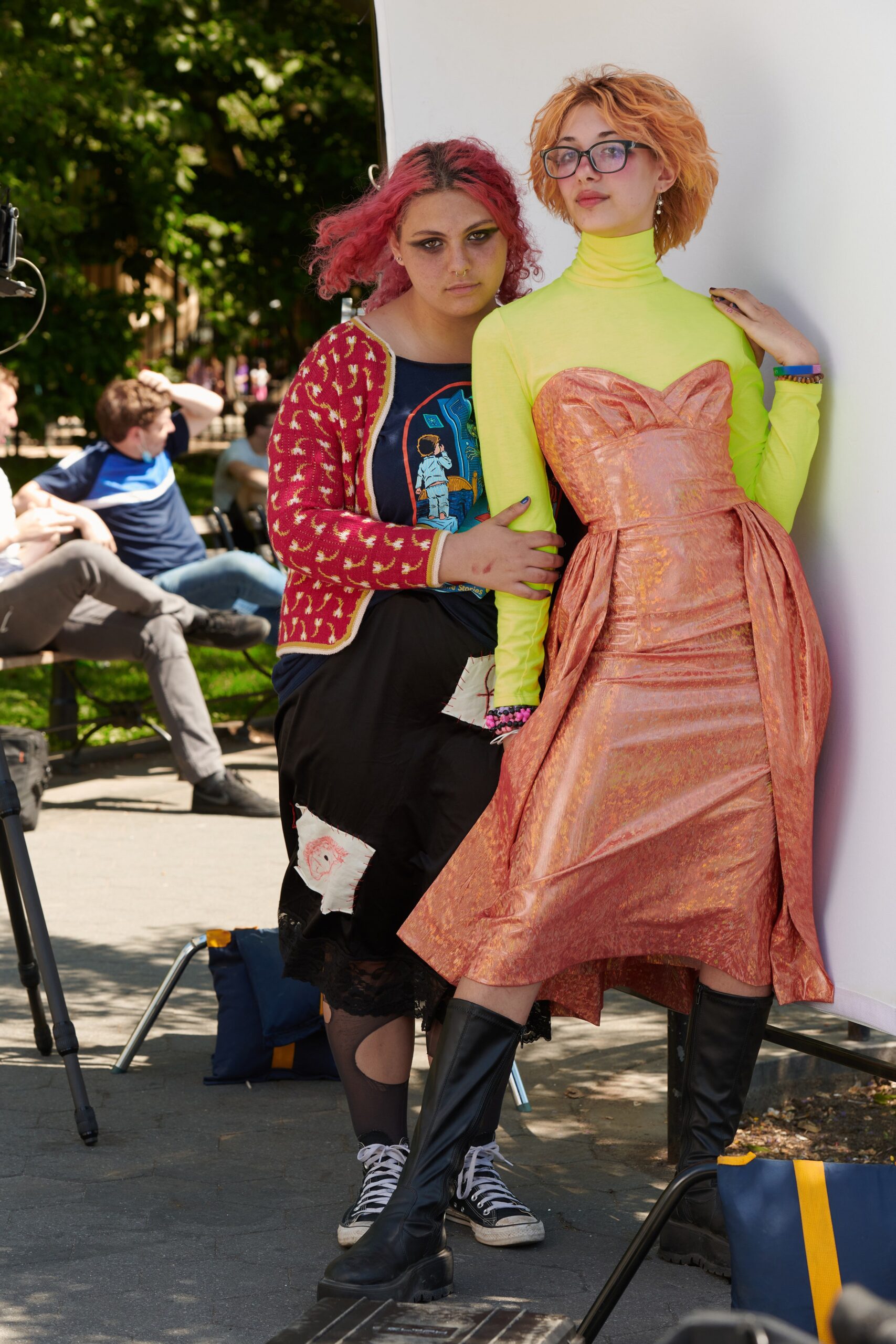 orange silk midi dress and yellow top