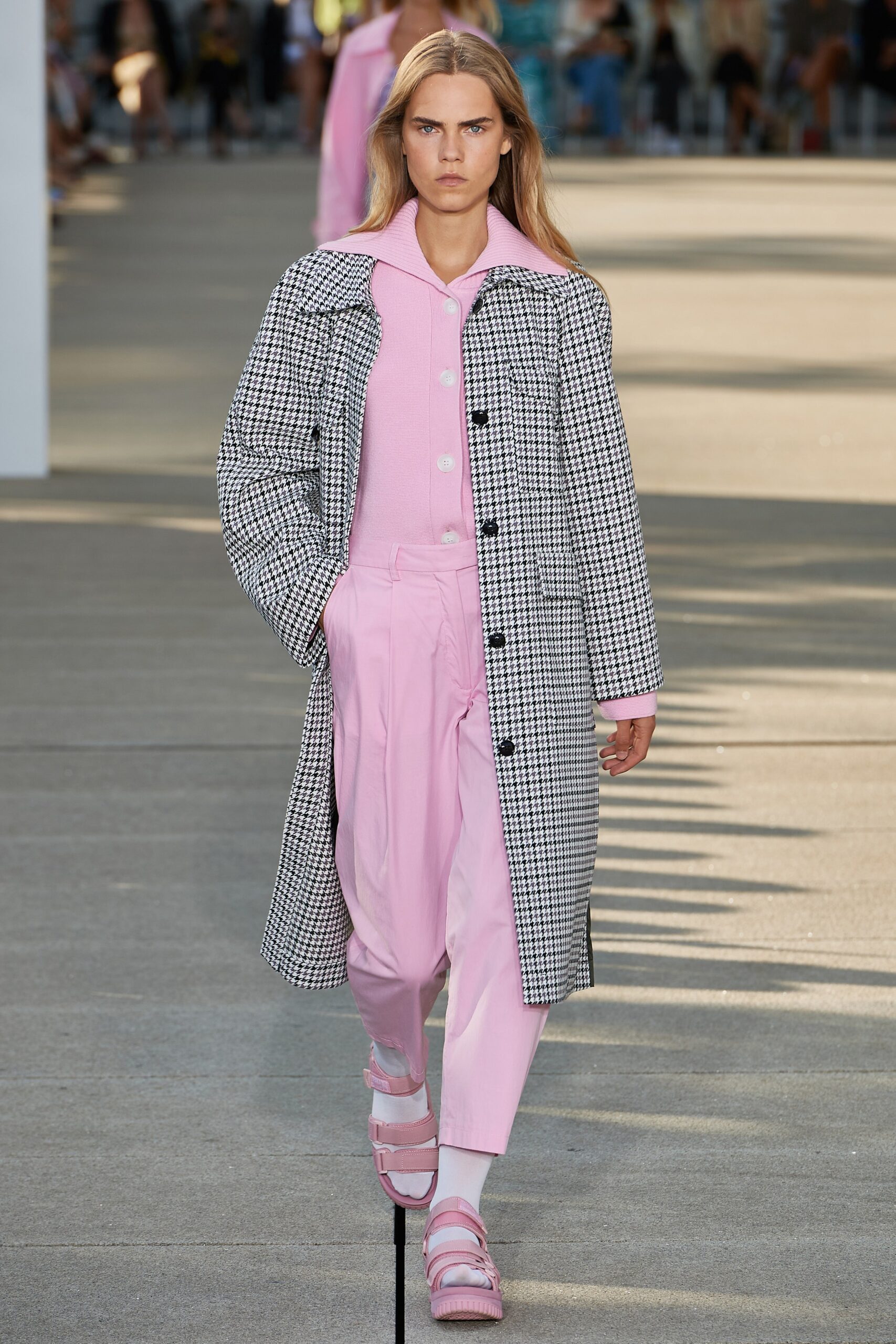 checked coat pink outfit