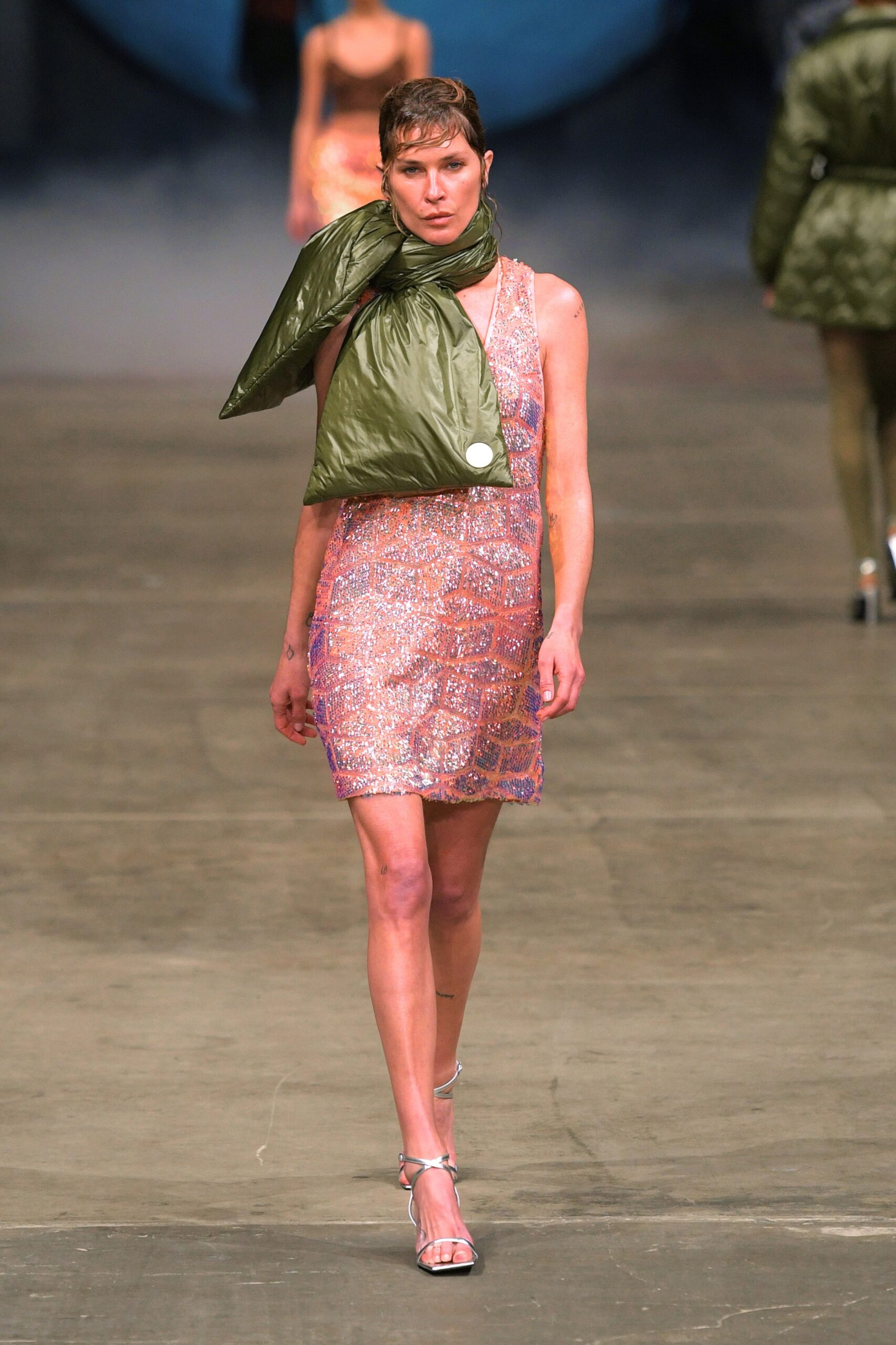 pink sequin mini dress with green scarf