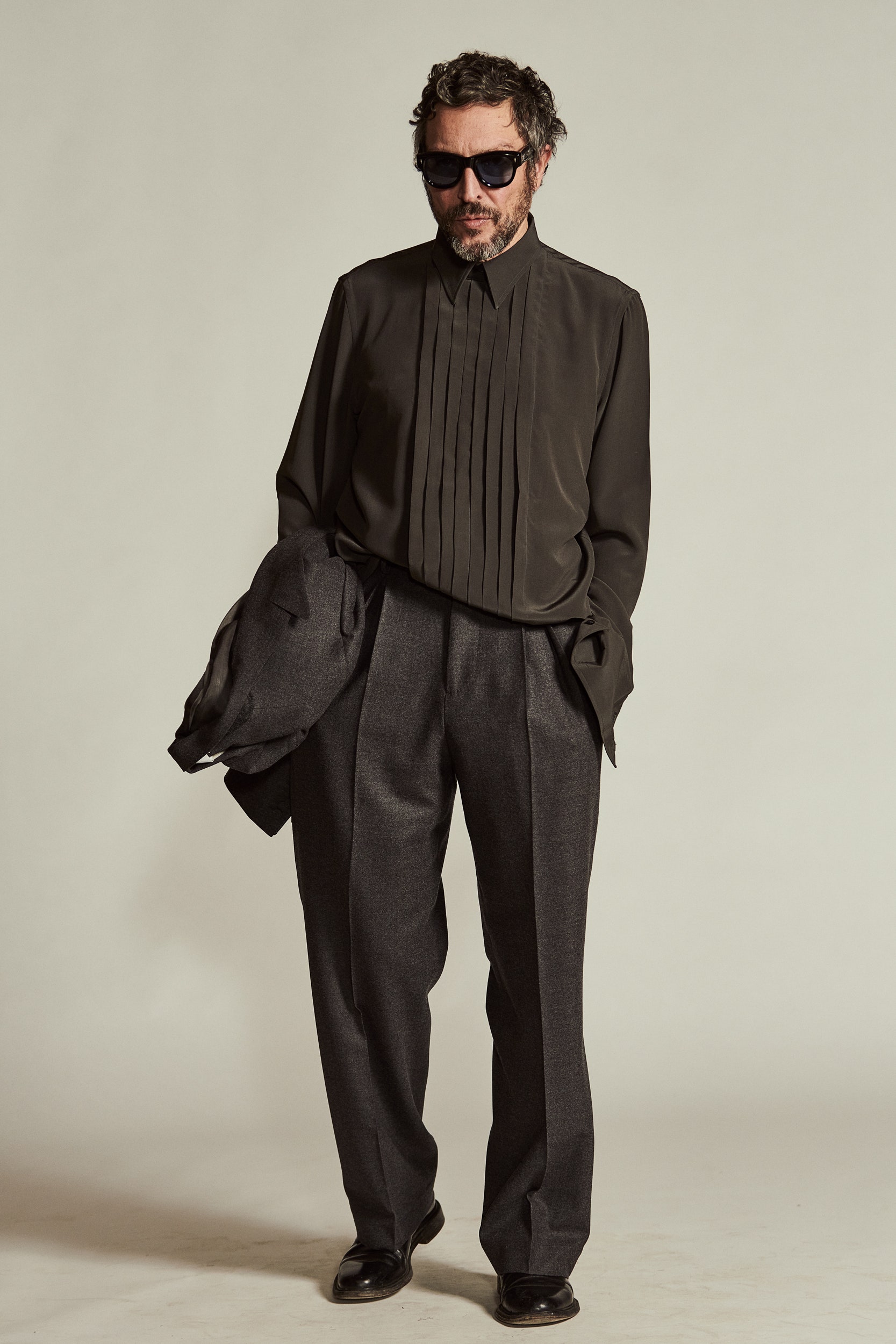 black relaxed shirt with gray pants