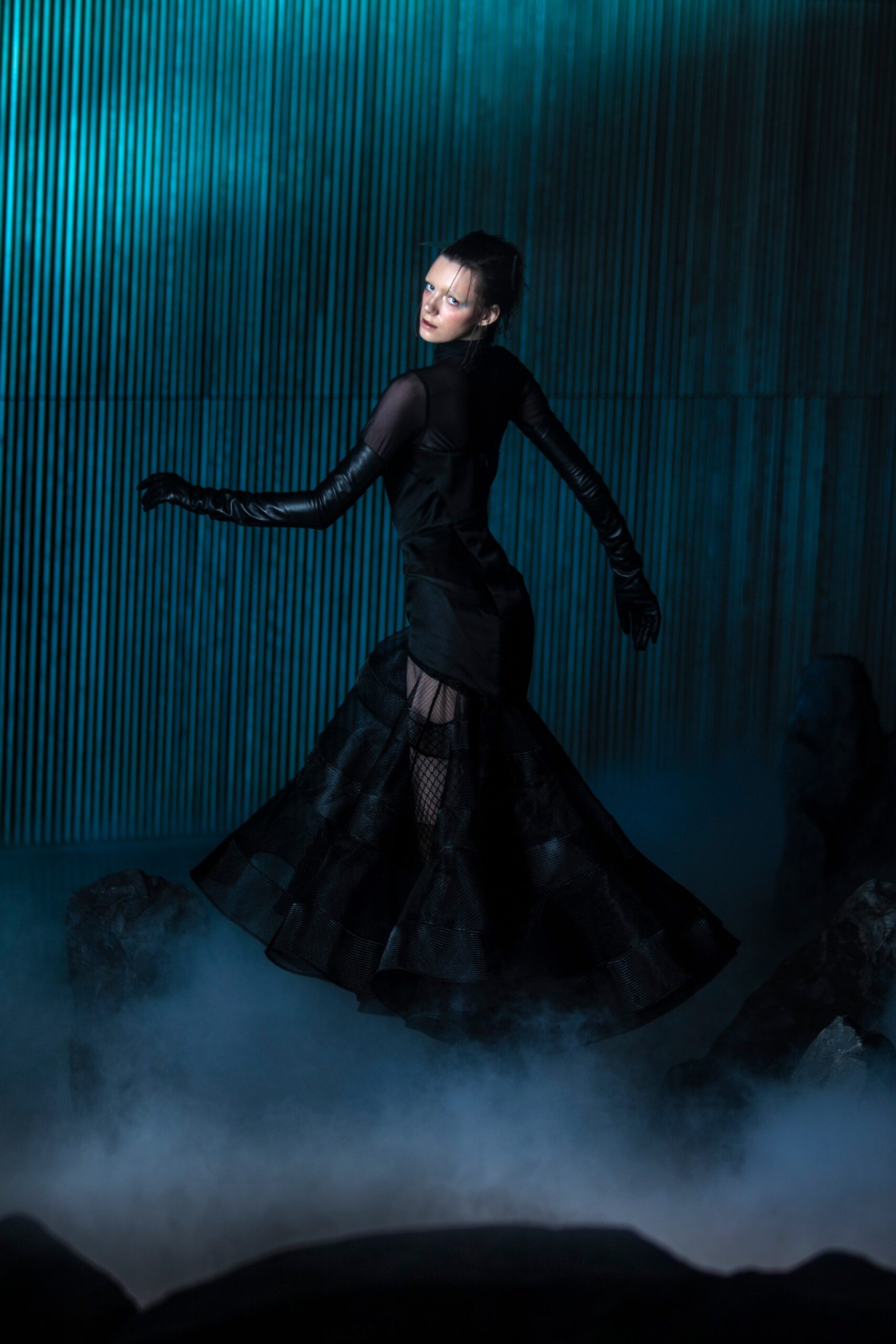 black silk long-sleeve v-neck fitted flared flowing dress