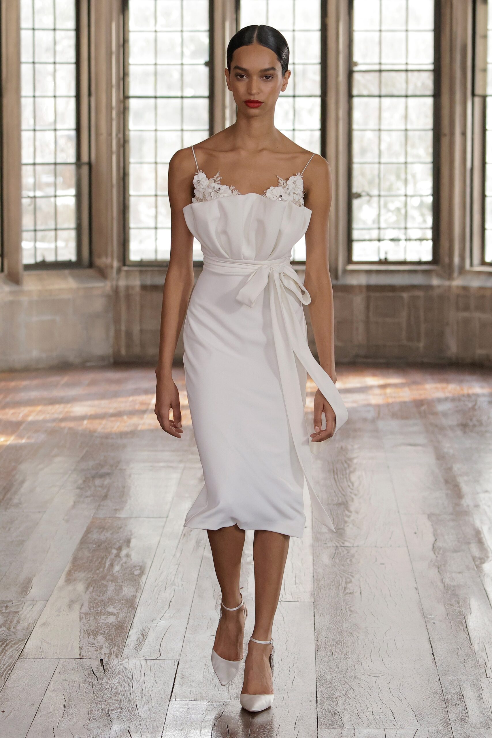 fitted white silk midi dress