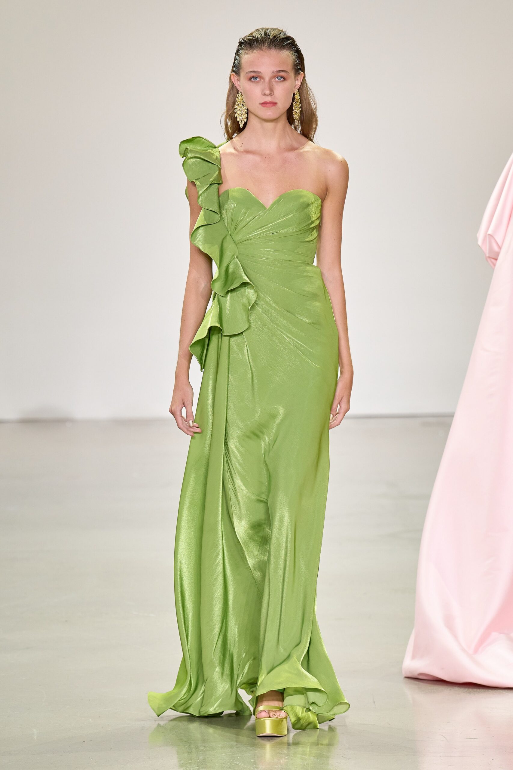 green silk sleeveless gown