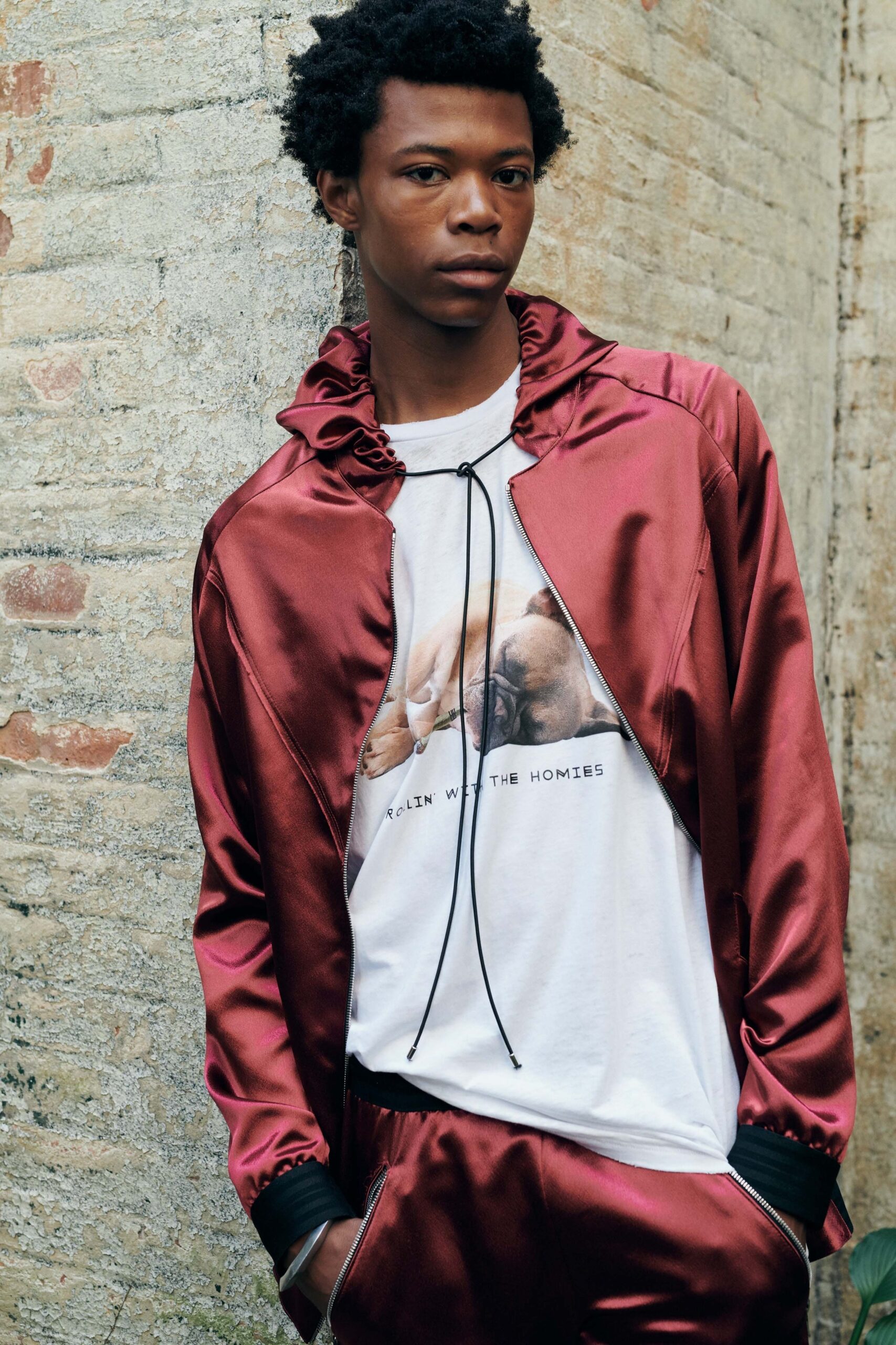 red satin jacket with t-shirt