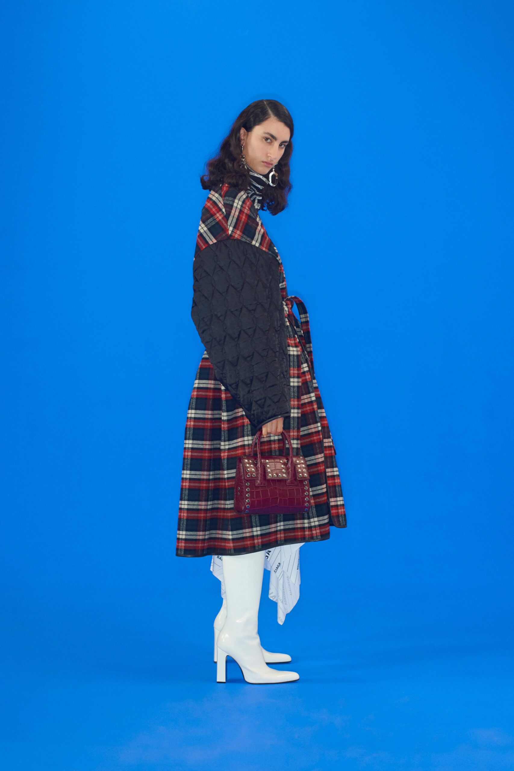 black cotton long-sleeve collared relaxed checked coat