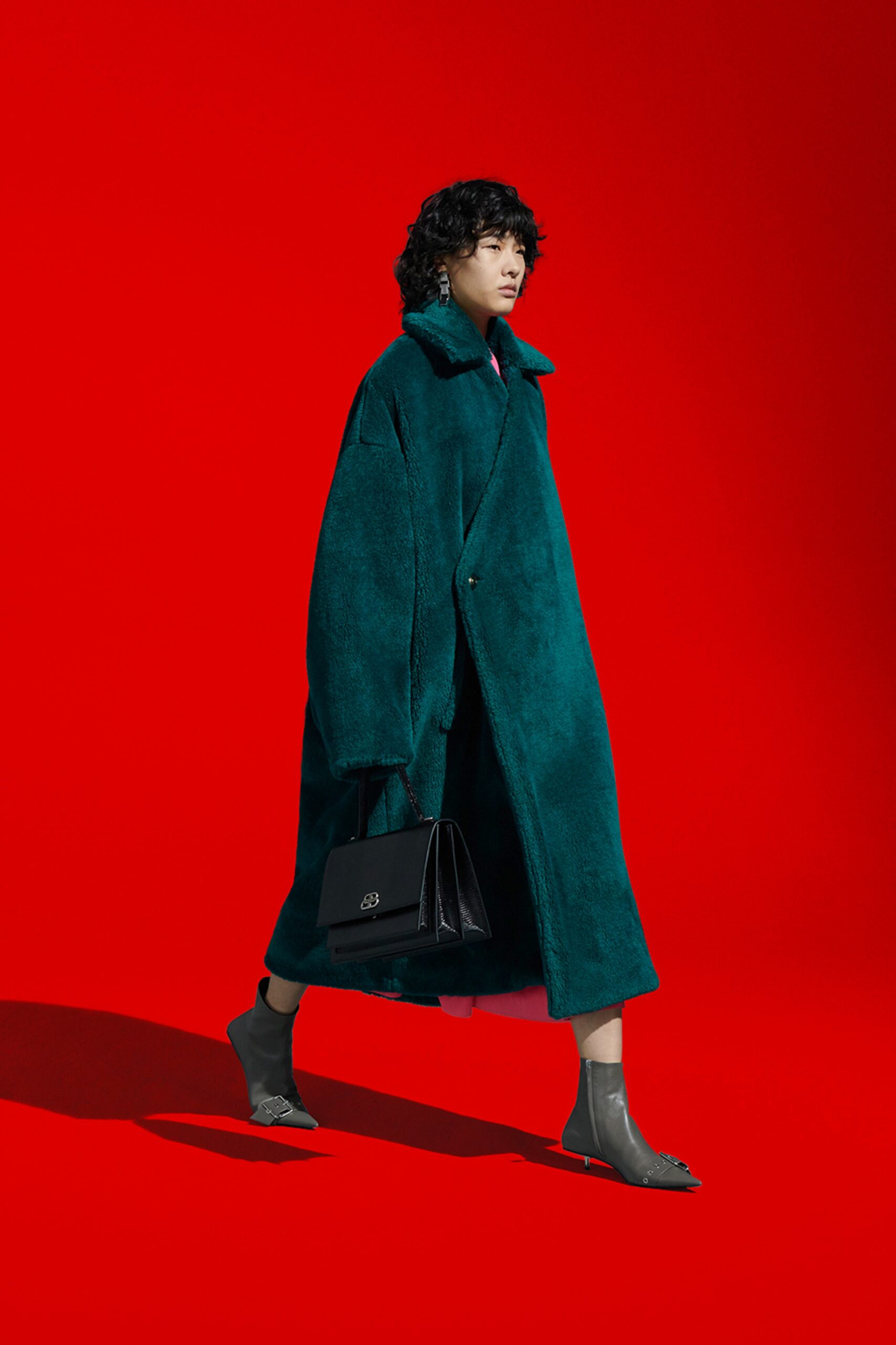 teal faux-fur oversized coat