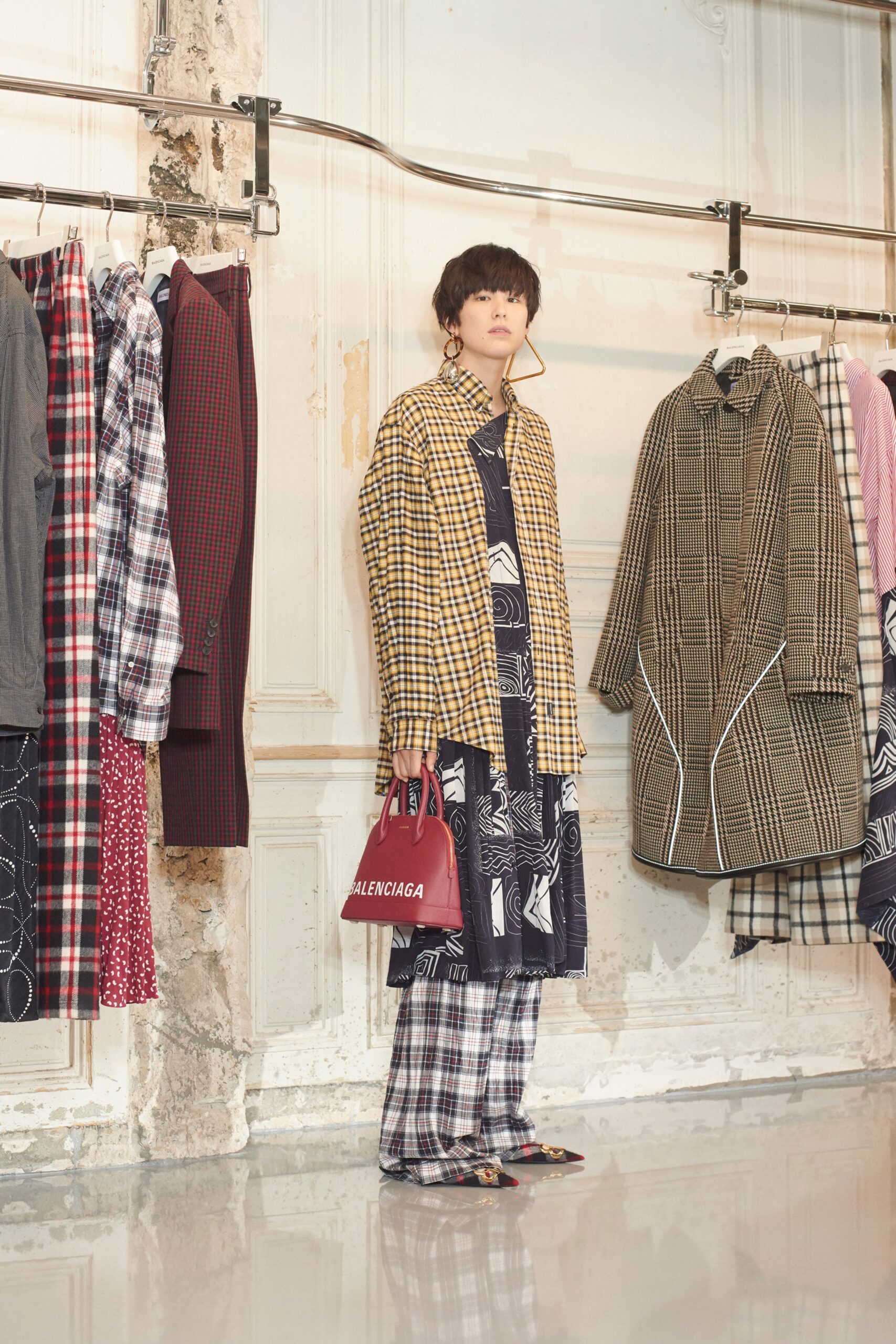 yellow cotton long-sleeve collared oversized checked shirt