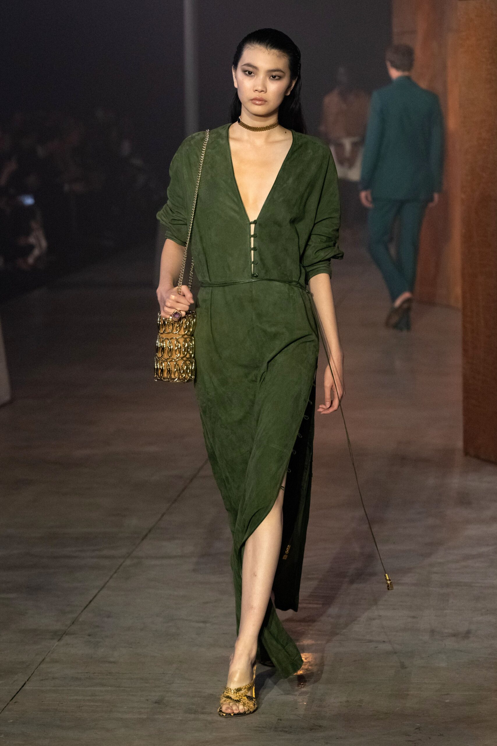 green suede long-sleeve v-neck fitted midi dress