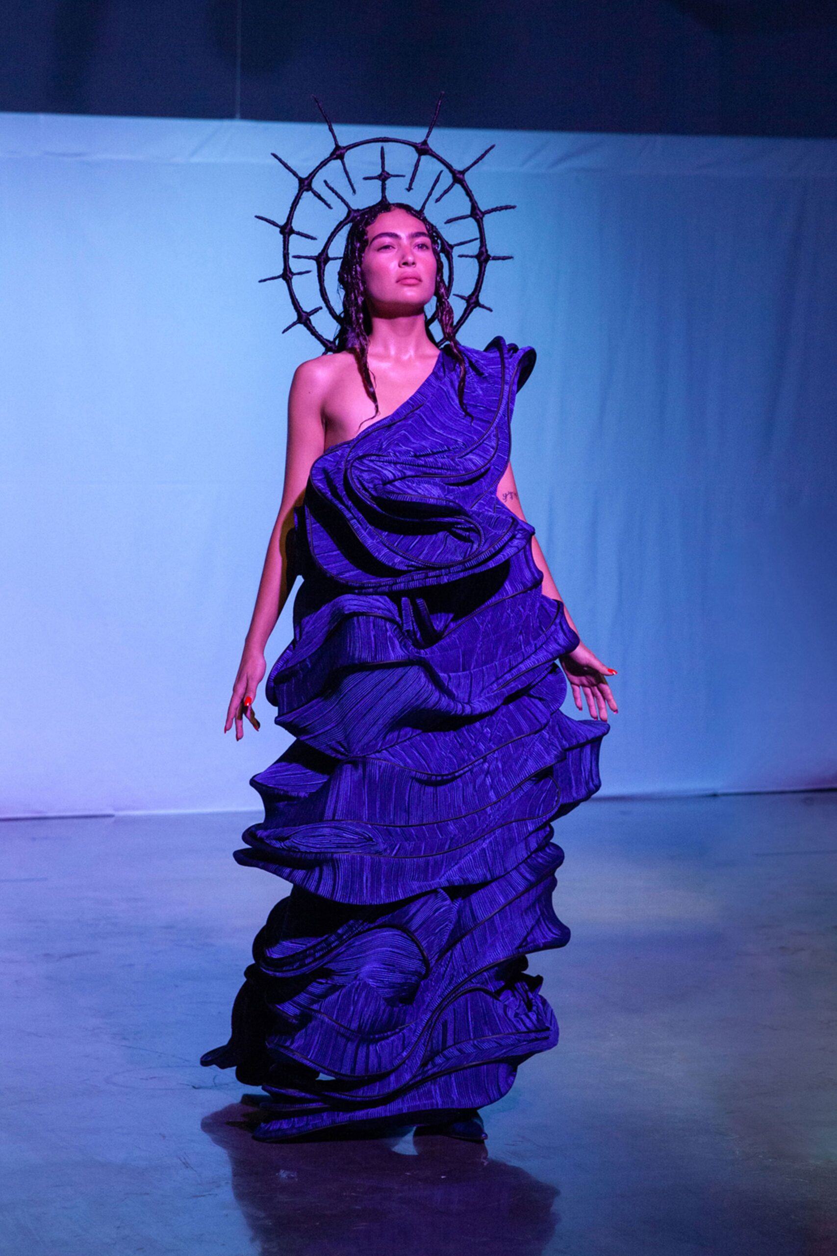 blue silk off-shoulder gown