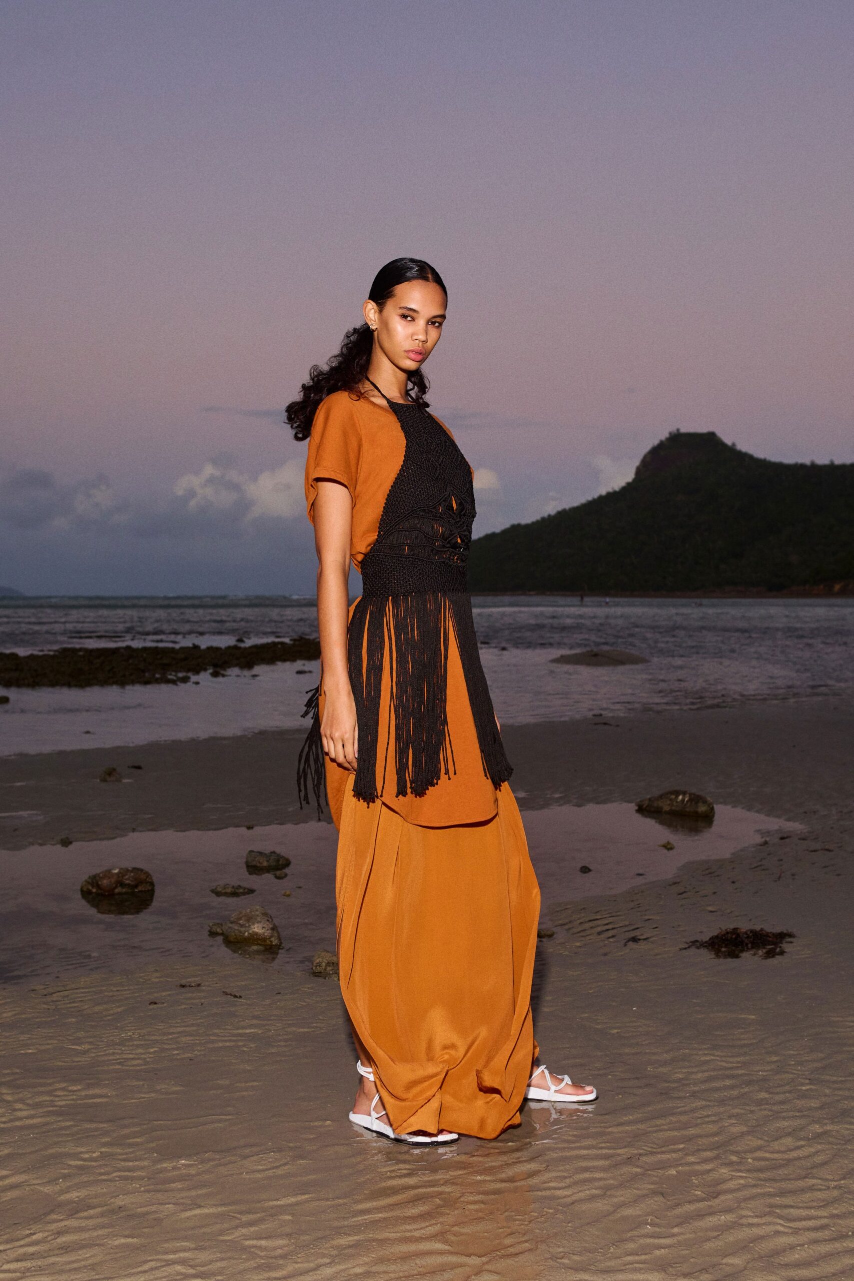 orange relaxed maxi dress with fringed belt
