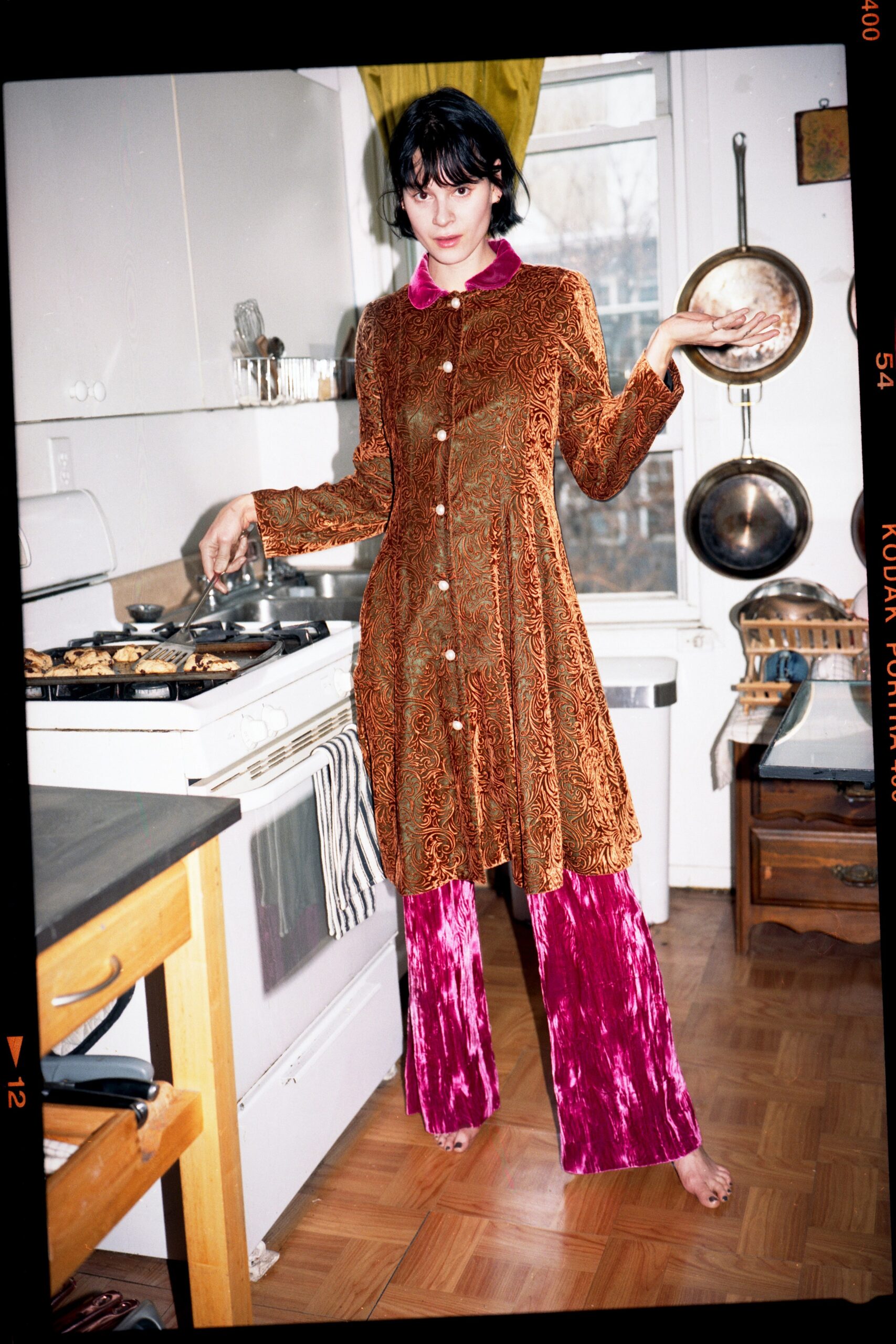 gold velvet long-sleeve collared fitted buttoned embroidered dress