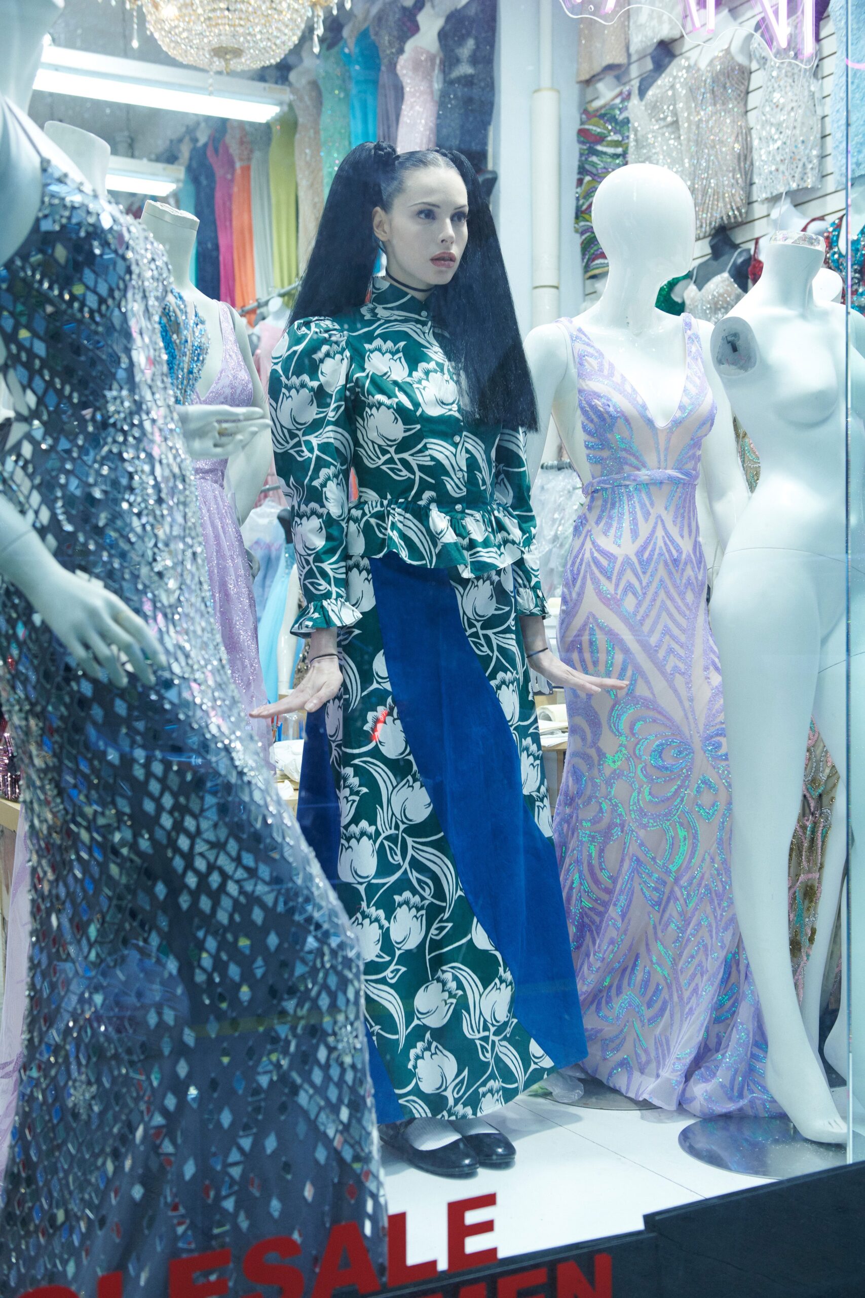 blue and white floral midi dress