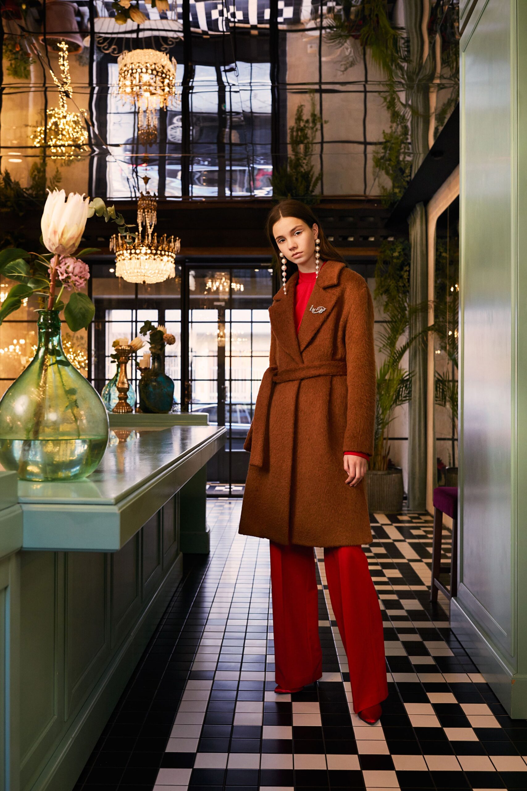 brown wool tailored coat with red top