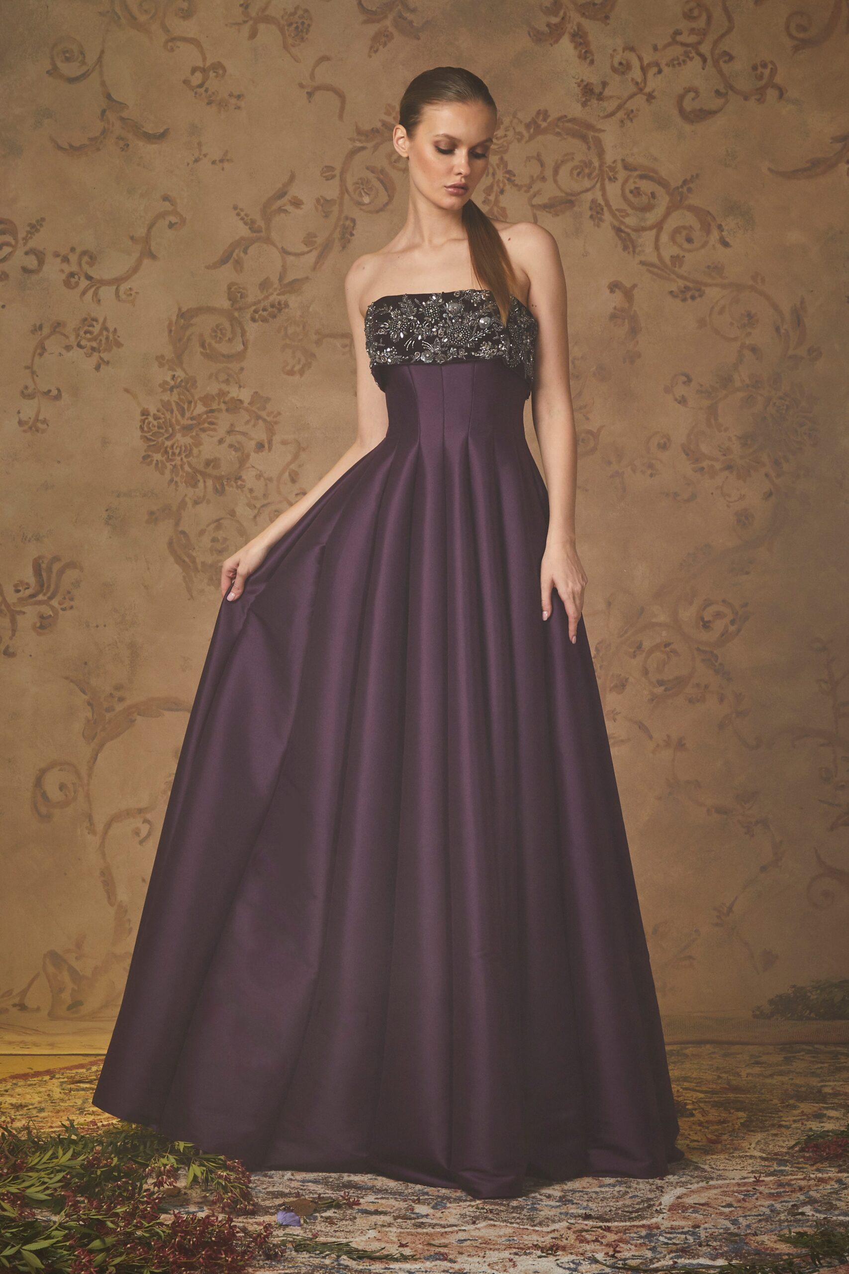 purple silk strapless gown