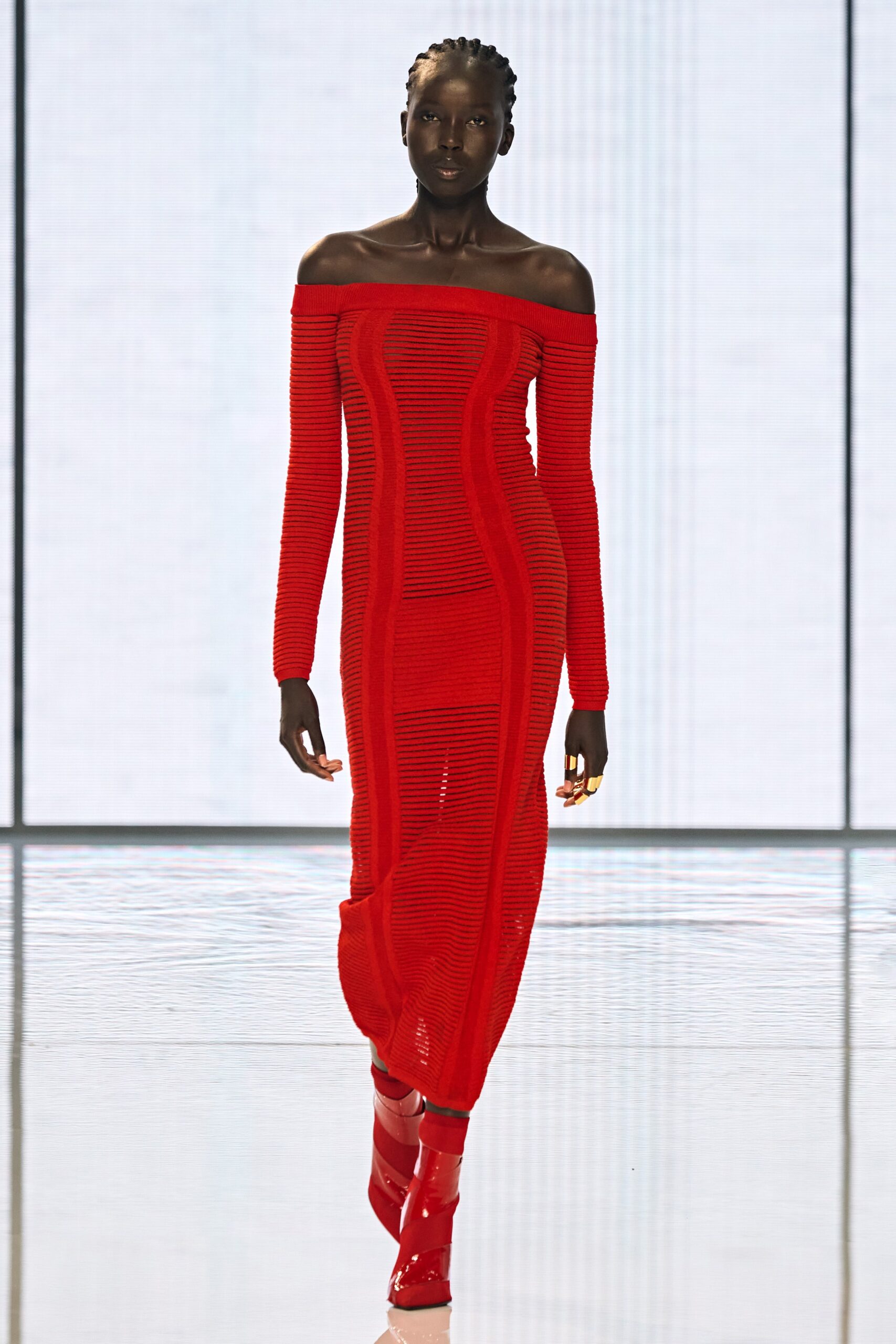 red ribbed off-shoulder dress