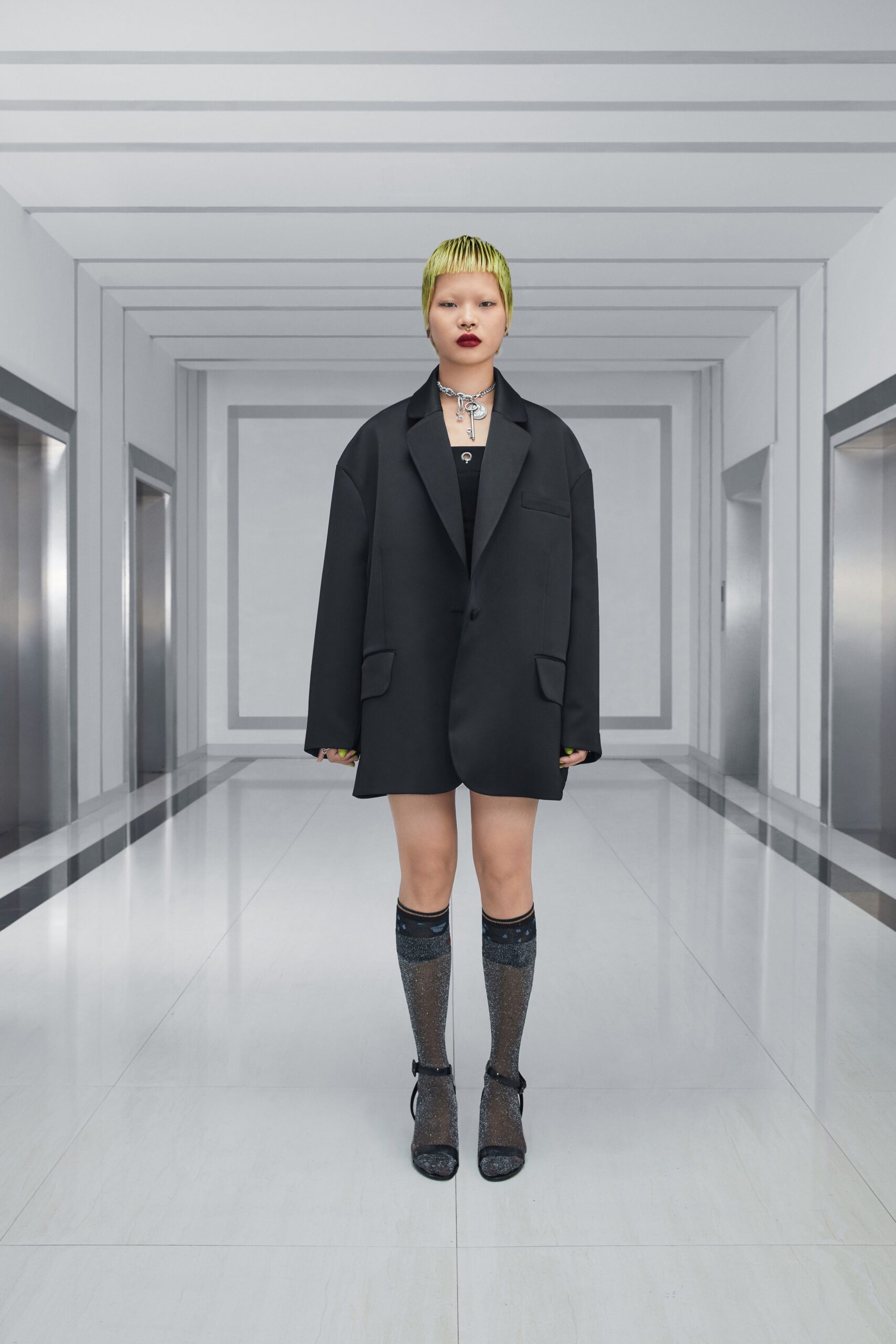 oversized black blazer with fitted dress