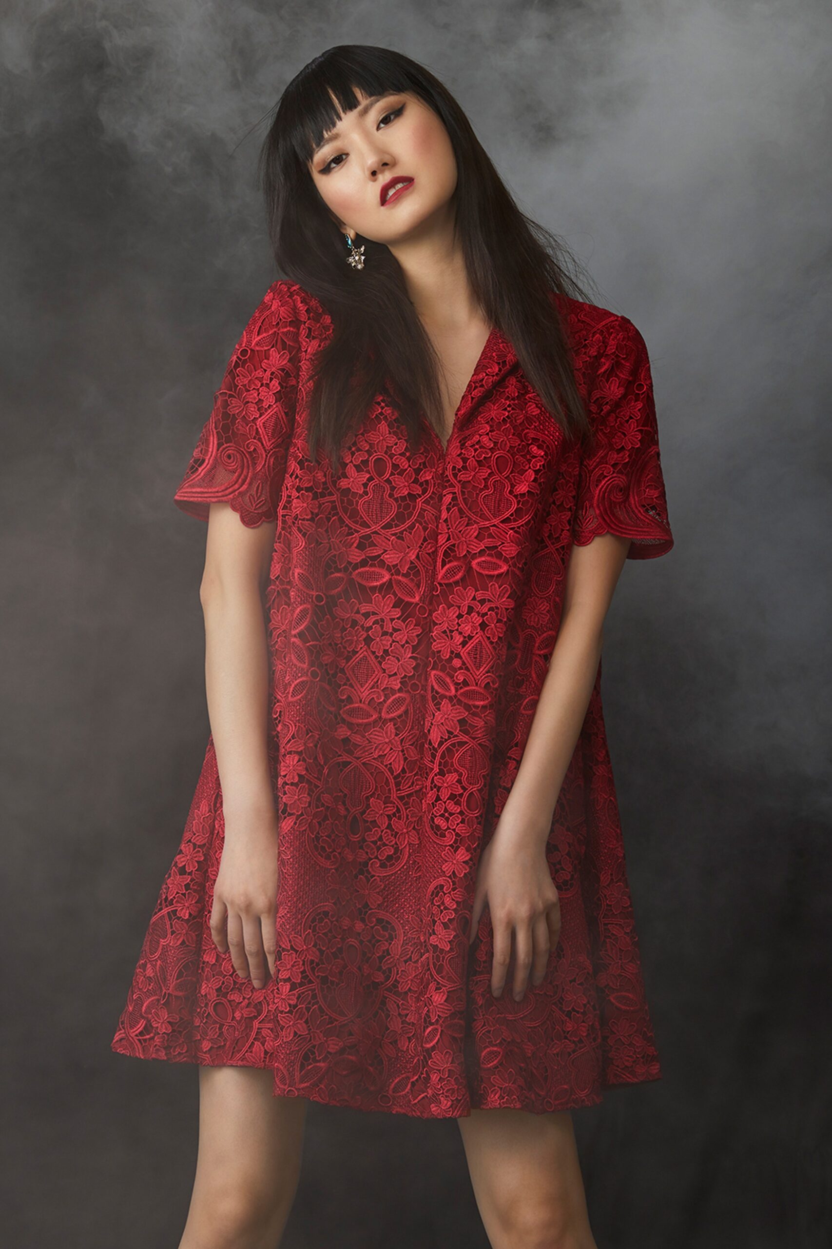 red lace collared mini dress