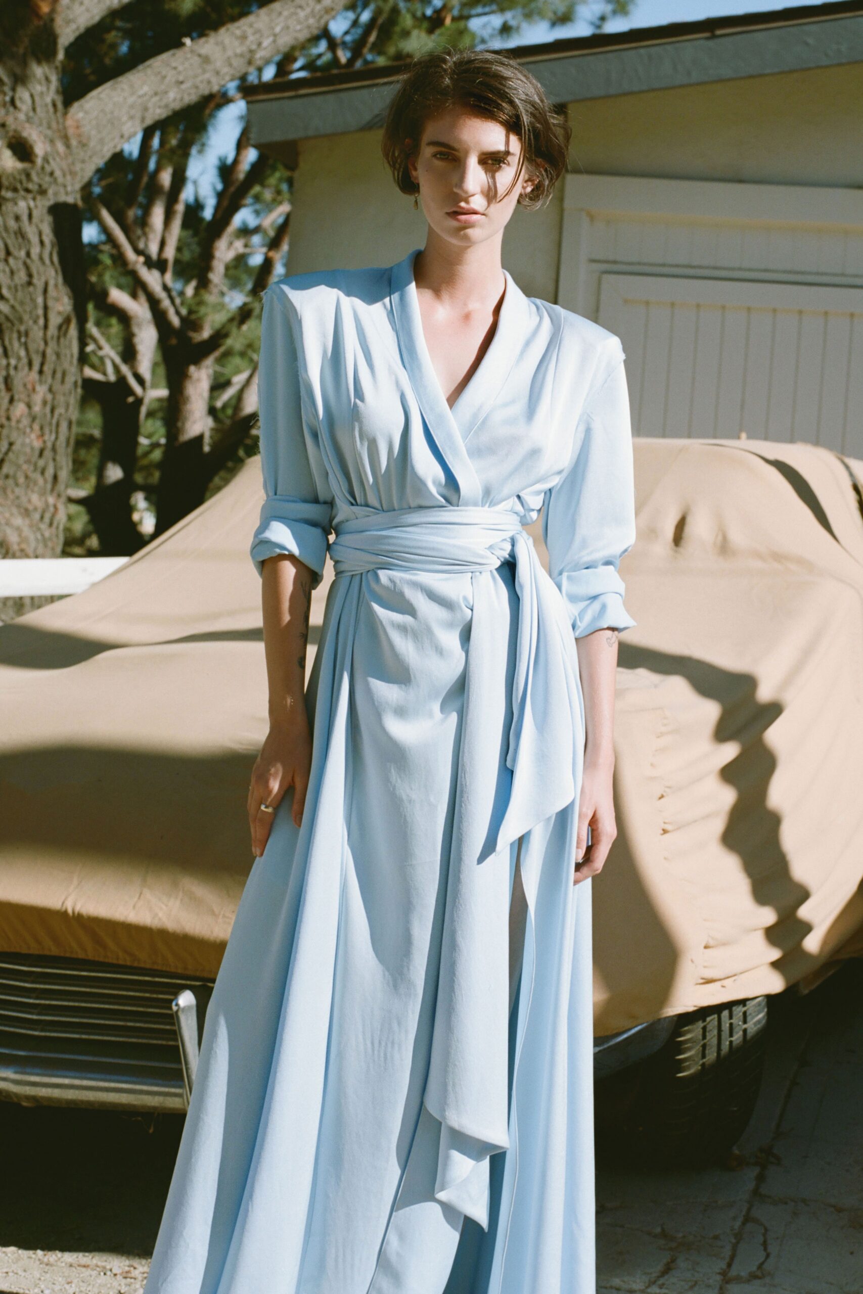 blue silk wrap dress