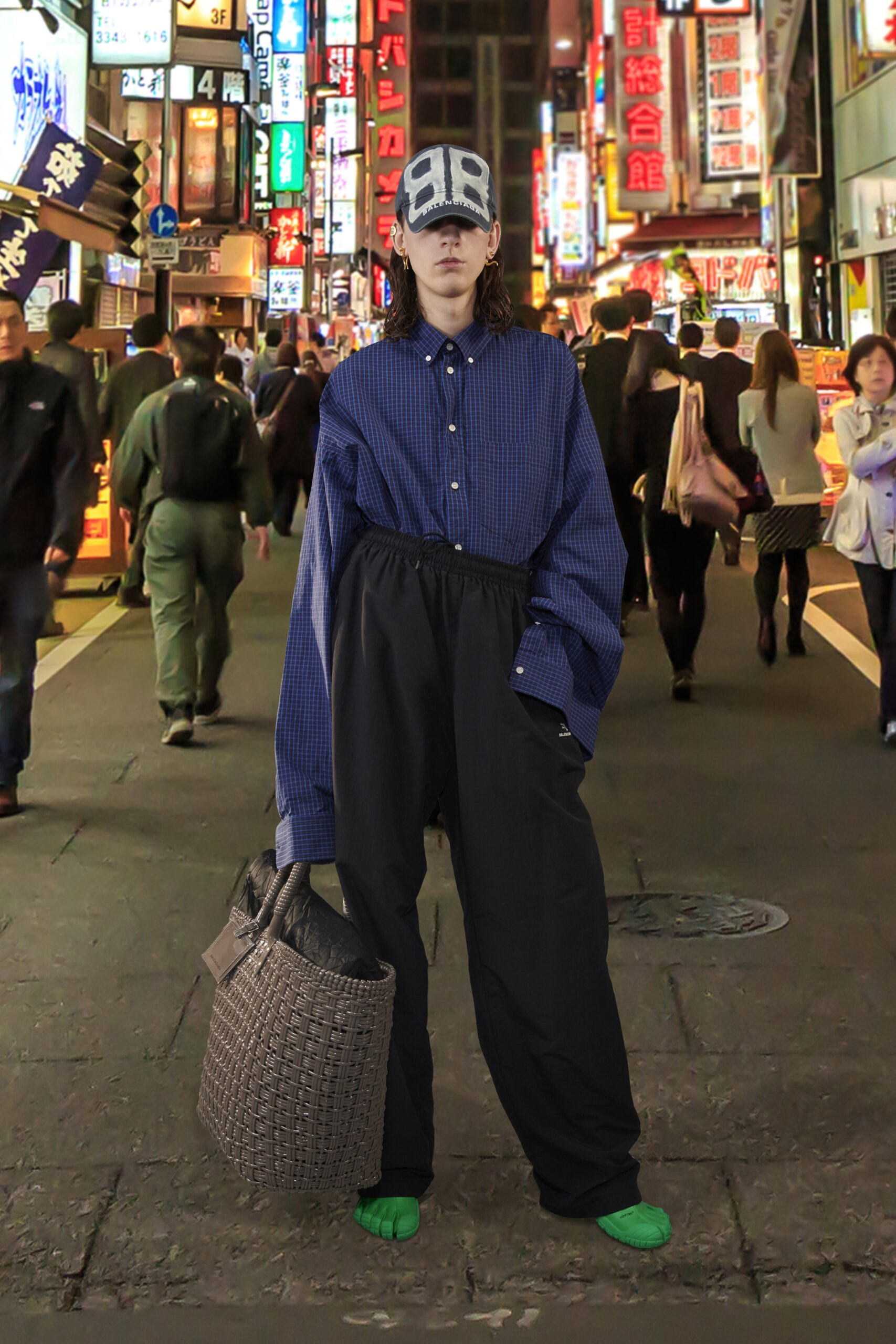 oversized blue shirt with relaxed black pants