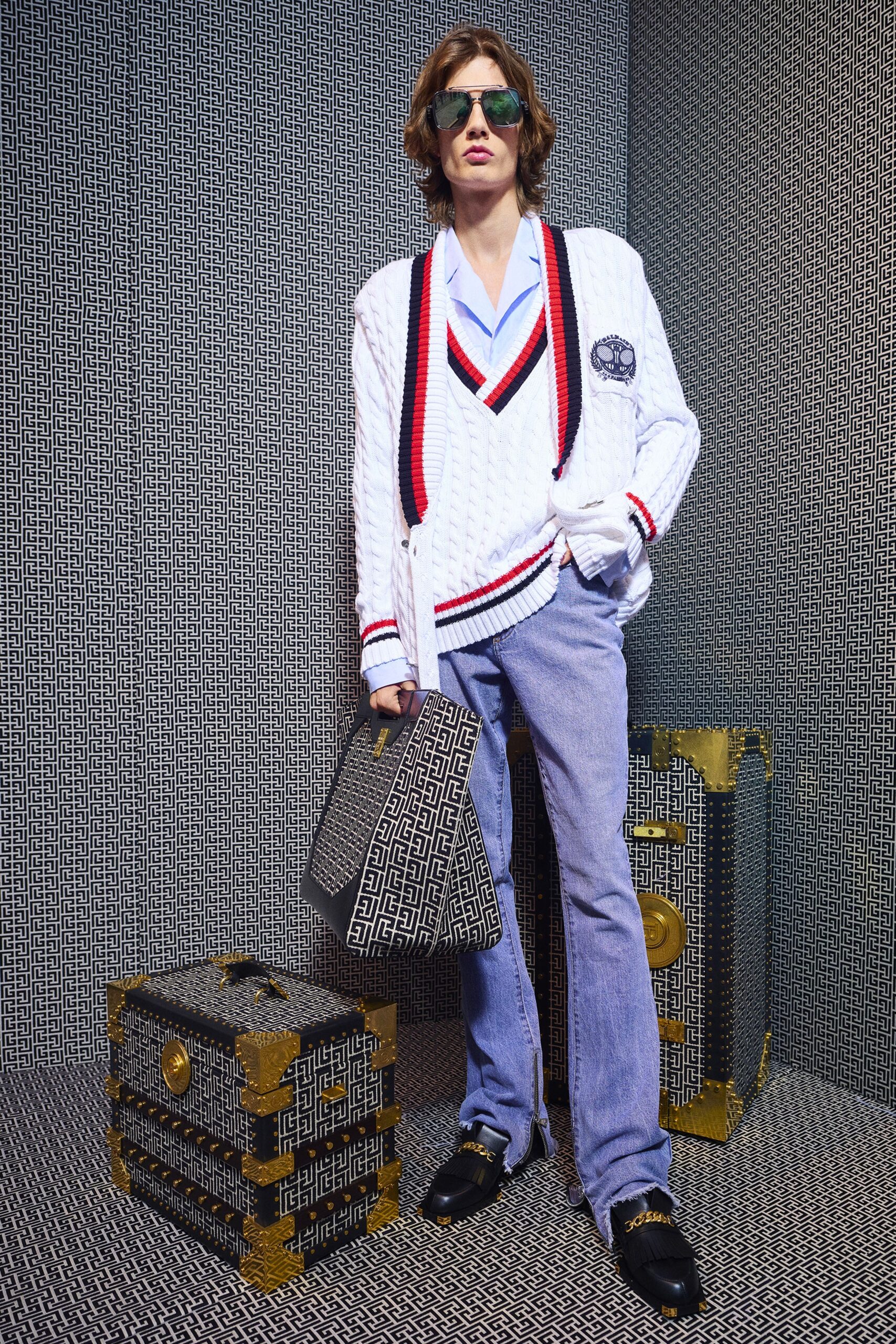 relaxed white sweater with blue shirt