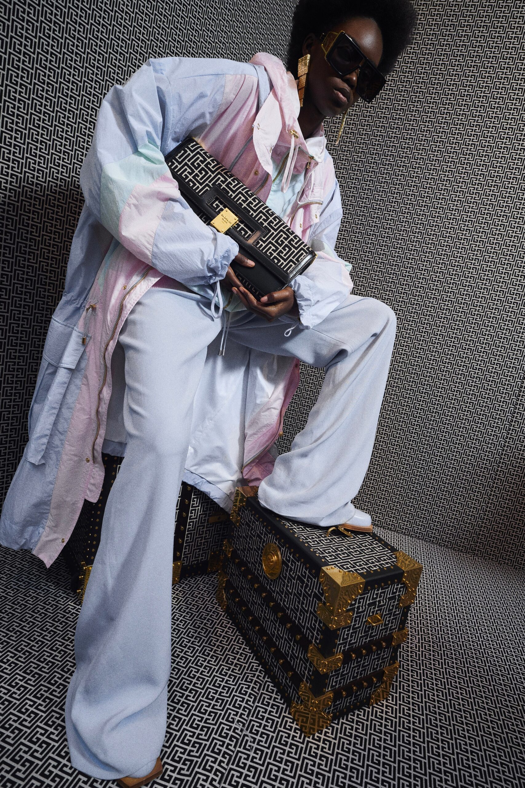 oversized light blue jacket with wide-leg pants