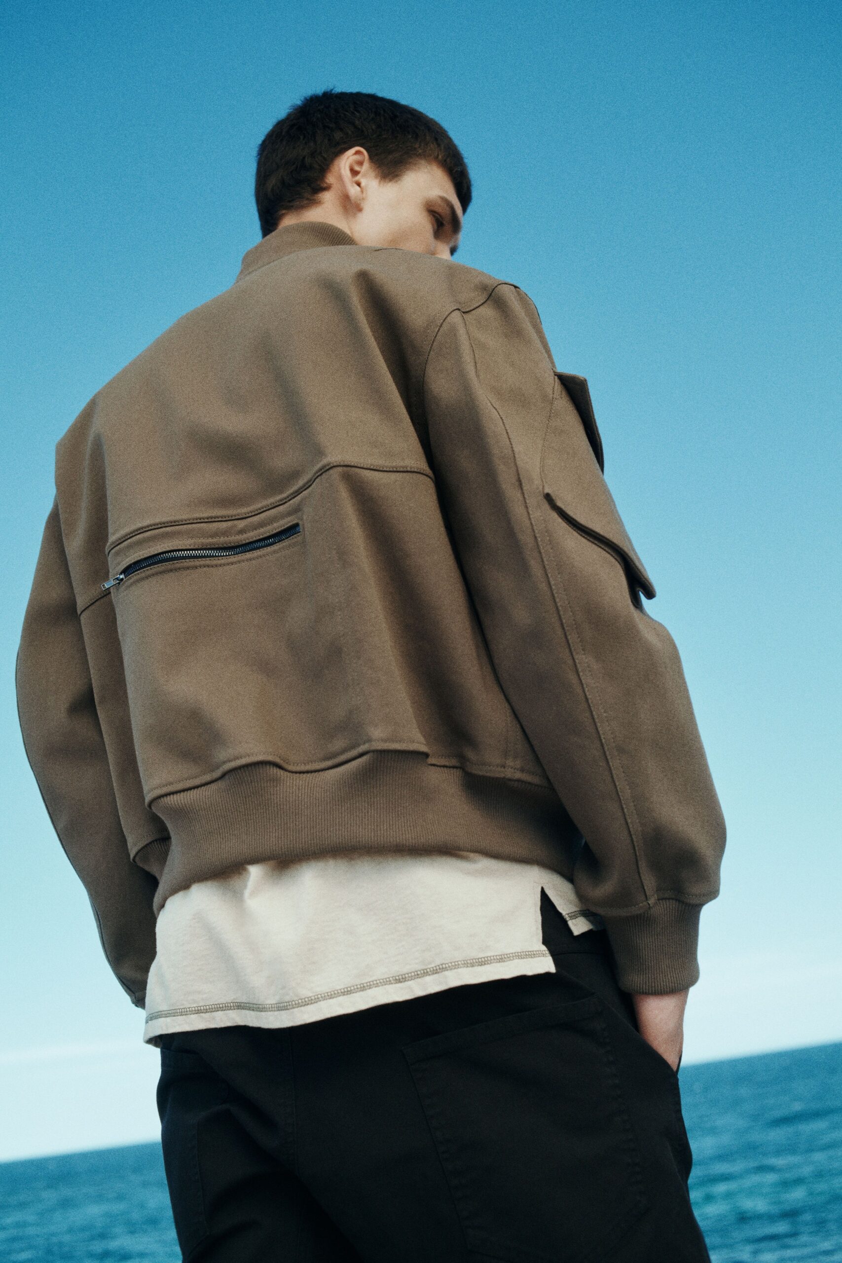 brown relaxed jacket with white t-shirt