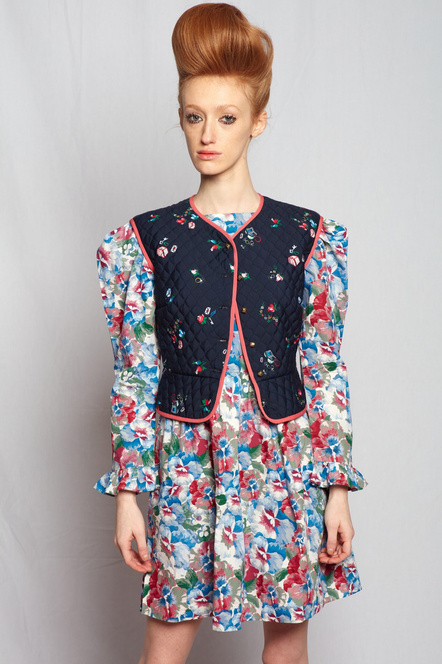 multi cotton long-sleeve collared fitted flared mini dress