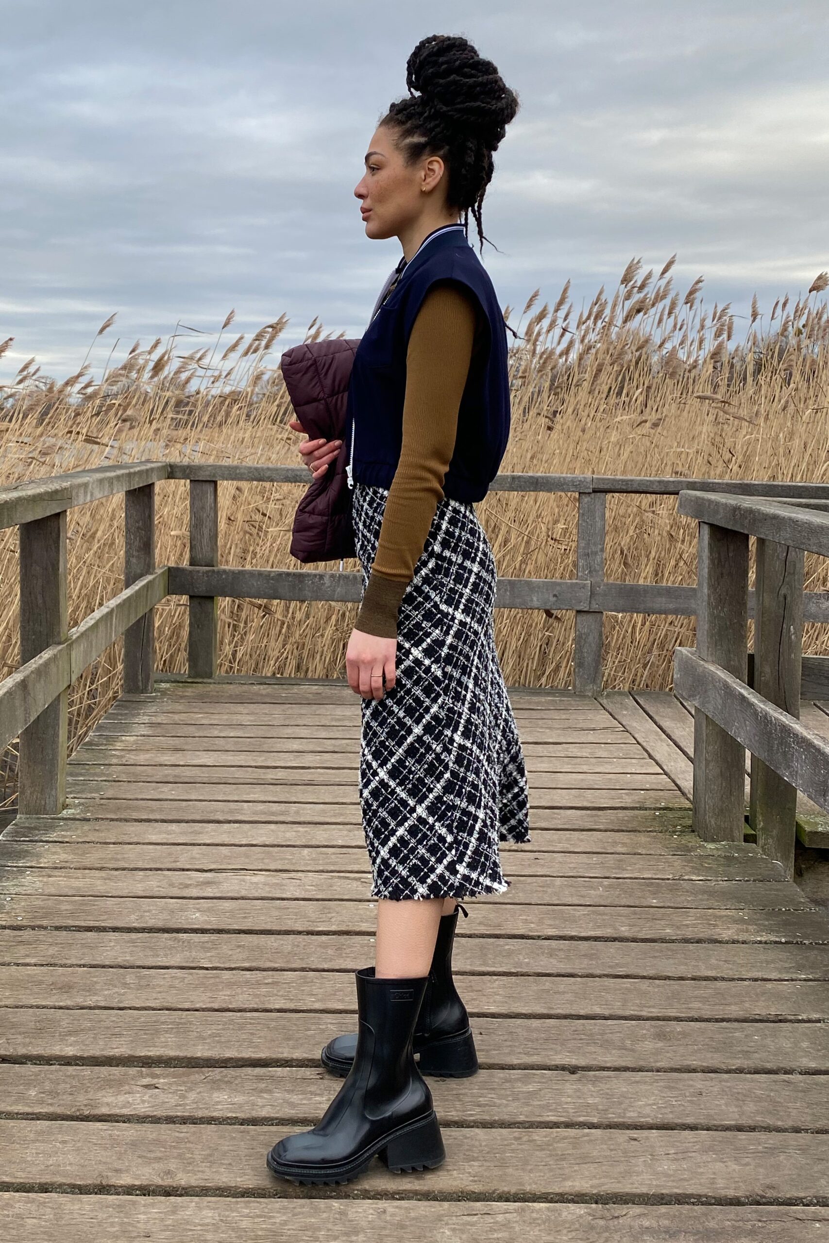 brown fitted top with midi skirt