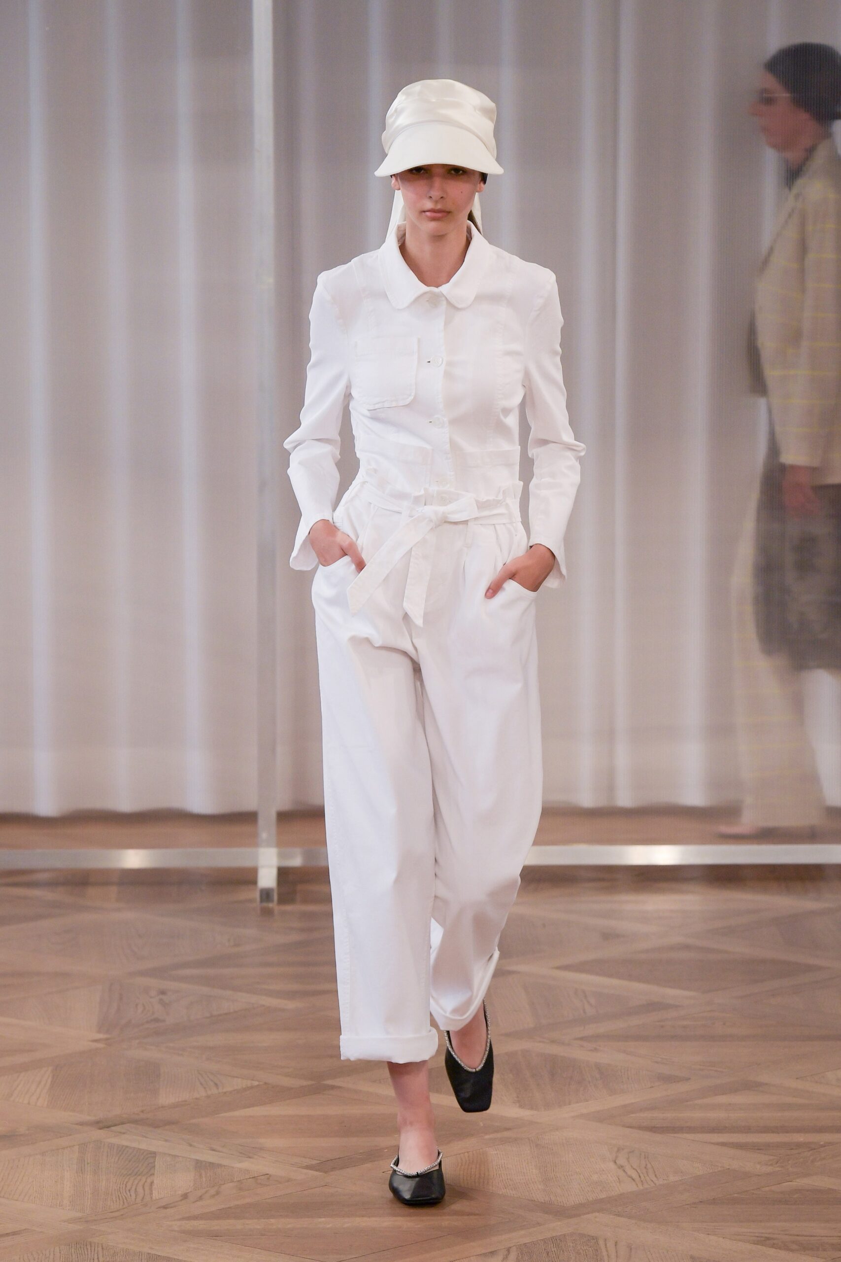 white relaxed jumpsuit with hat