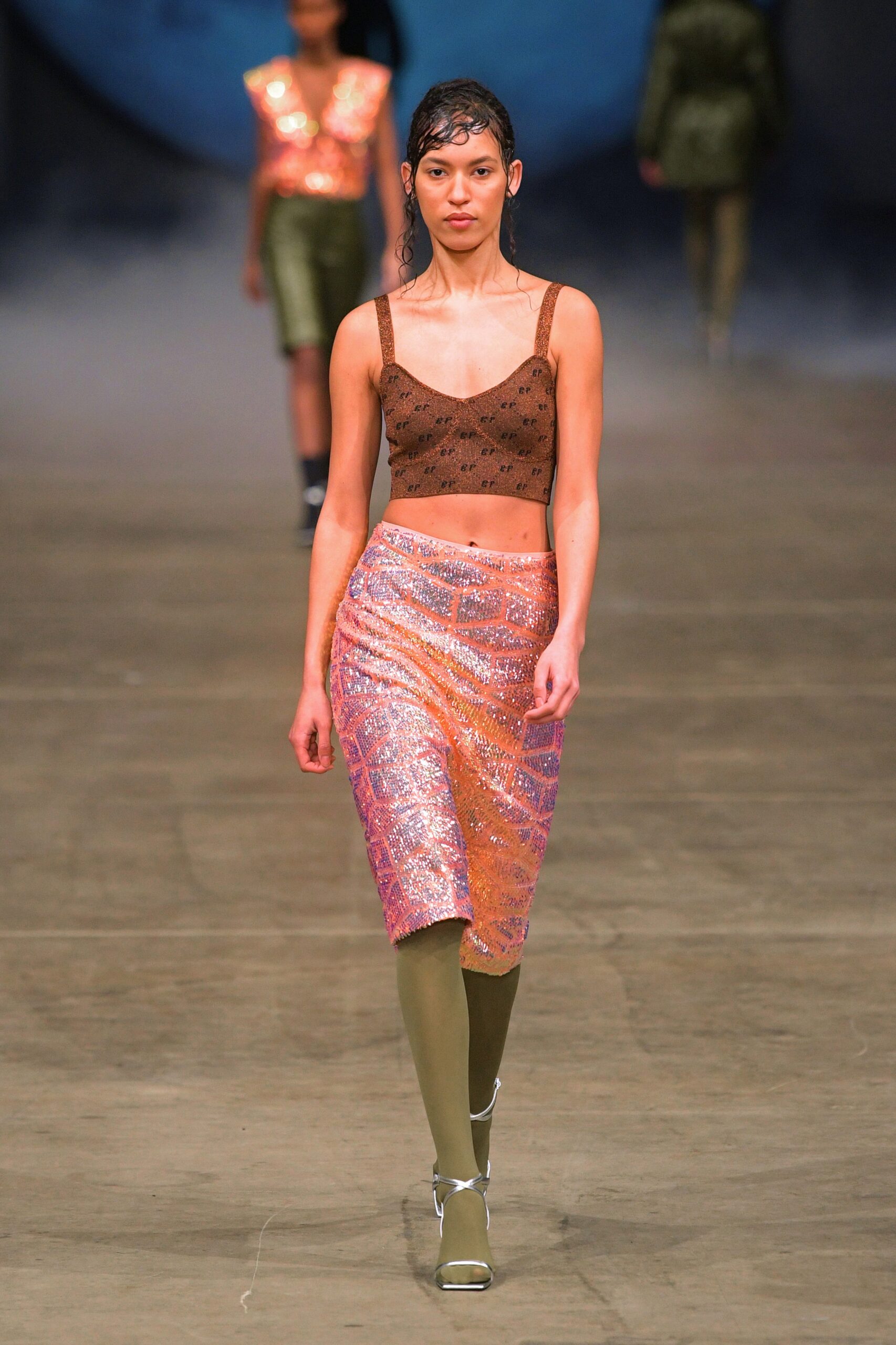 fitted brown knit top with sequin skirt