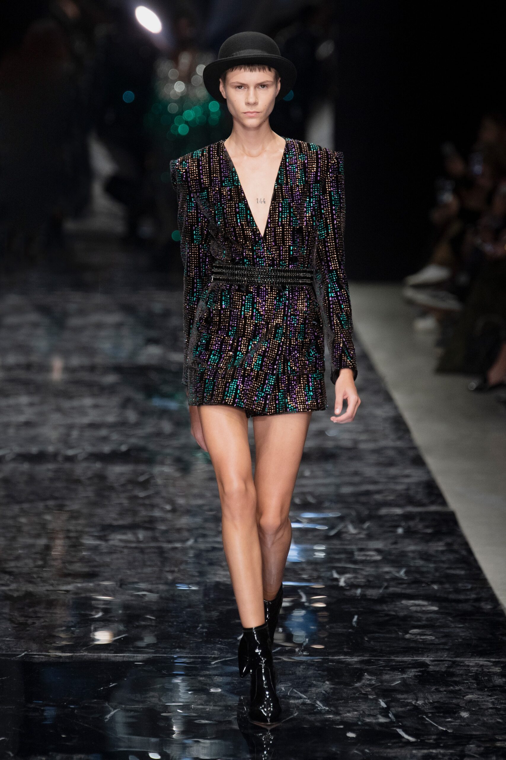 black sequin long-sleeve v-neck fitted layered shiny dress