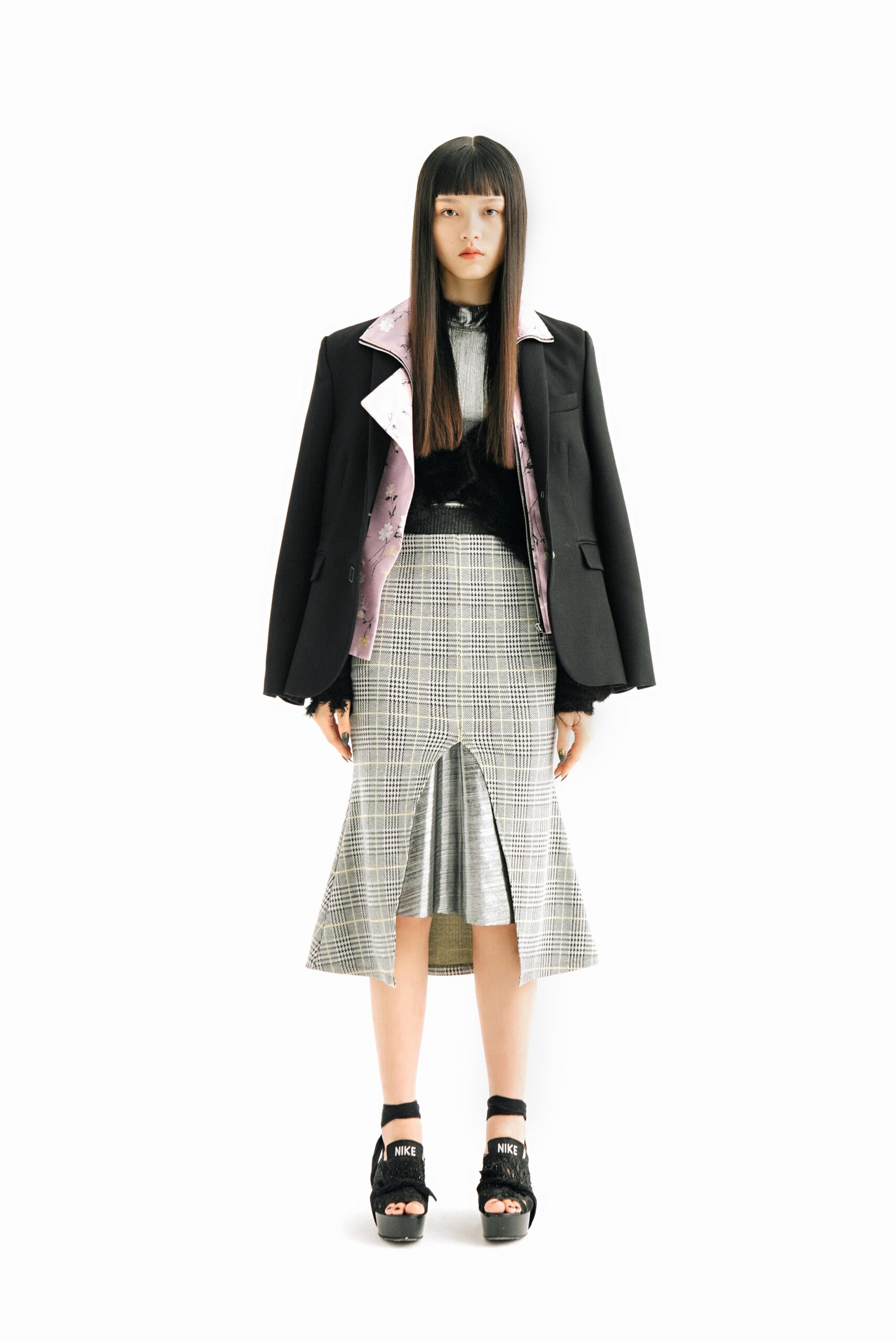 black blazer gray midi skirt