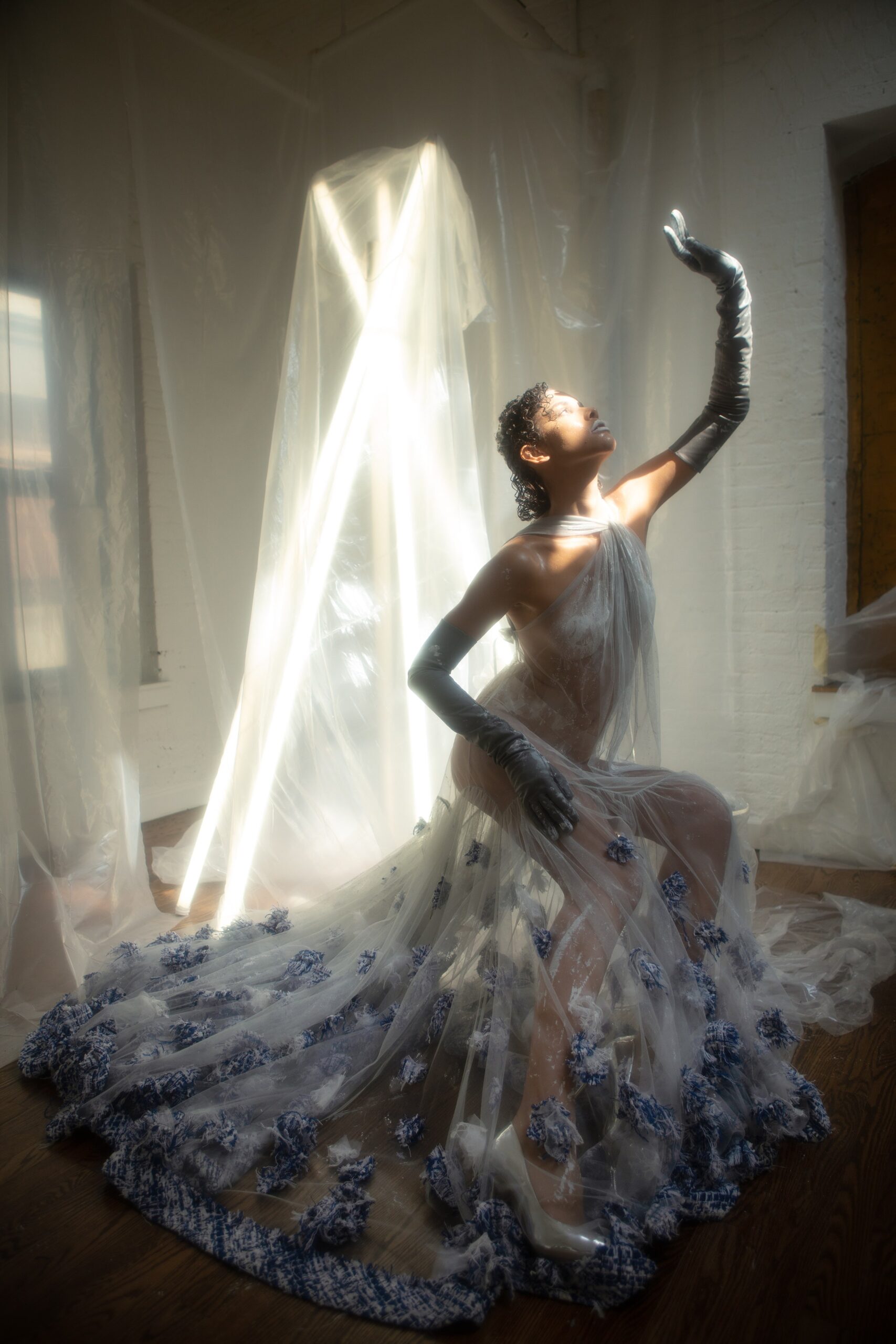 sheer blue tulle gown