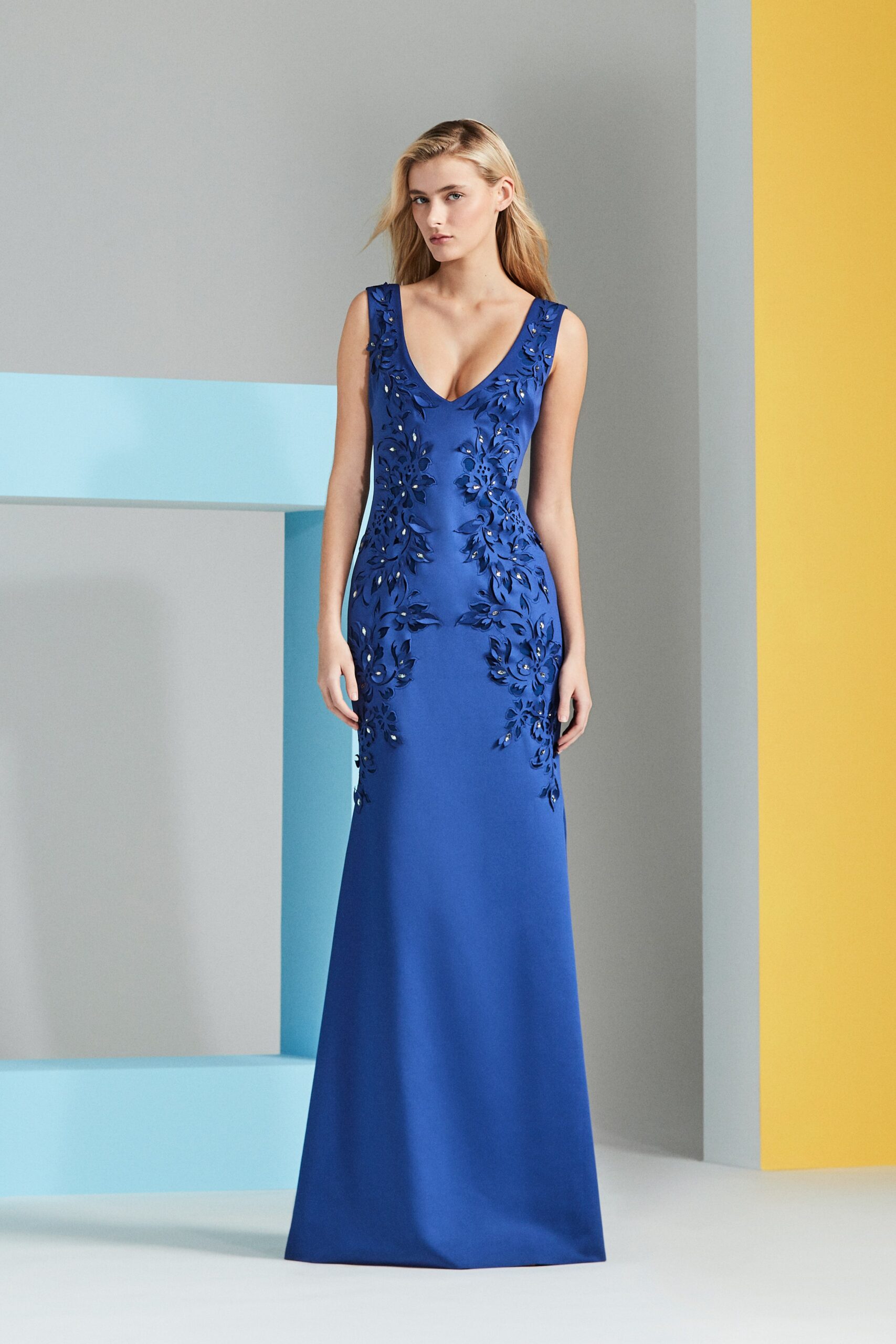 blue silk sleeveless gown