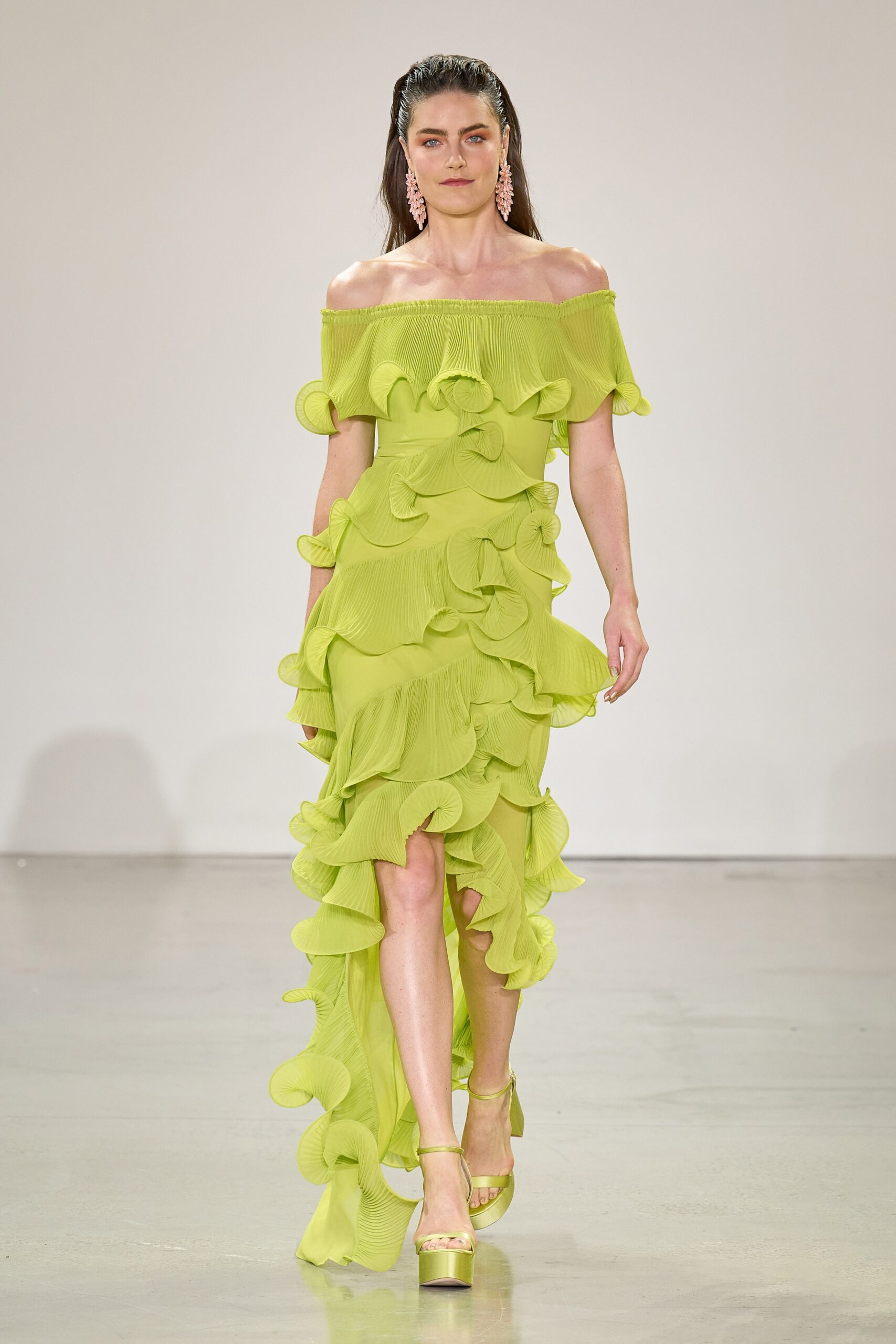 green chiffon off-shoulder fitted ruffled tiered flowing dress
