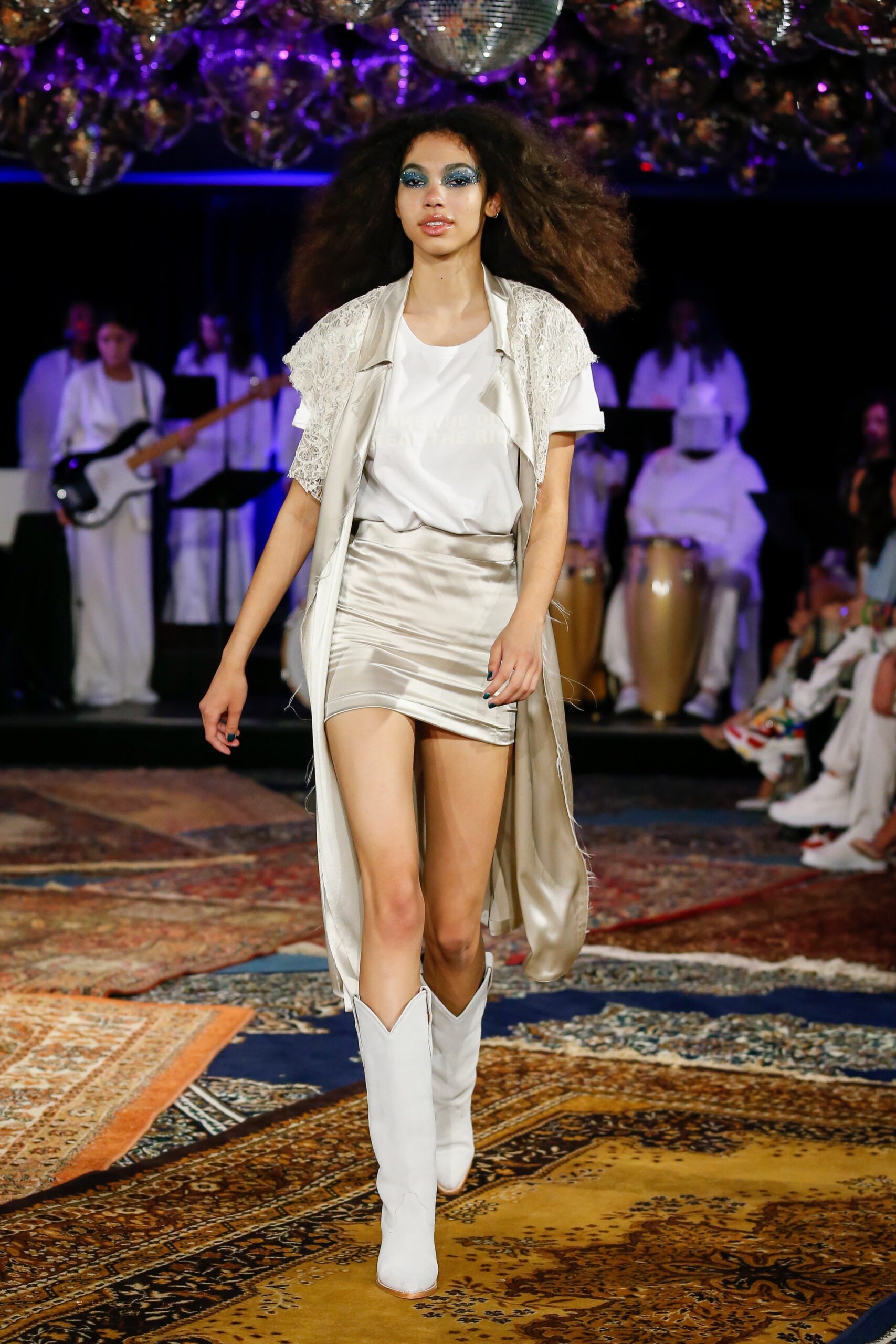 white silk mini dress with beige coat