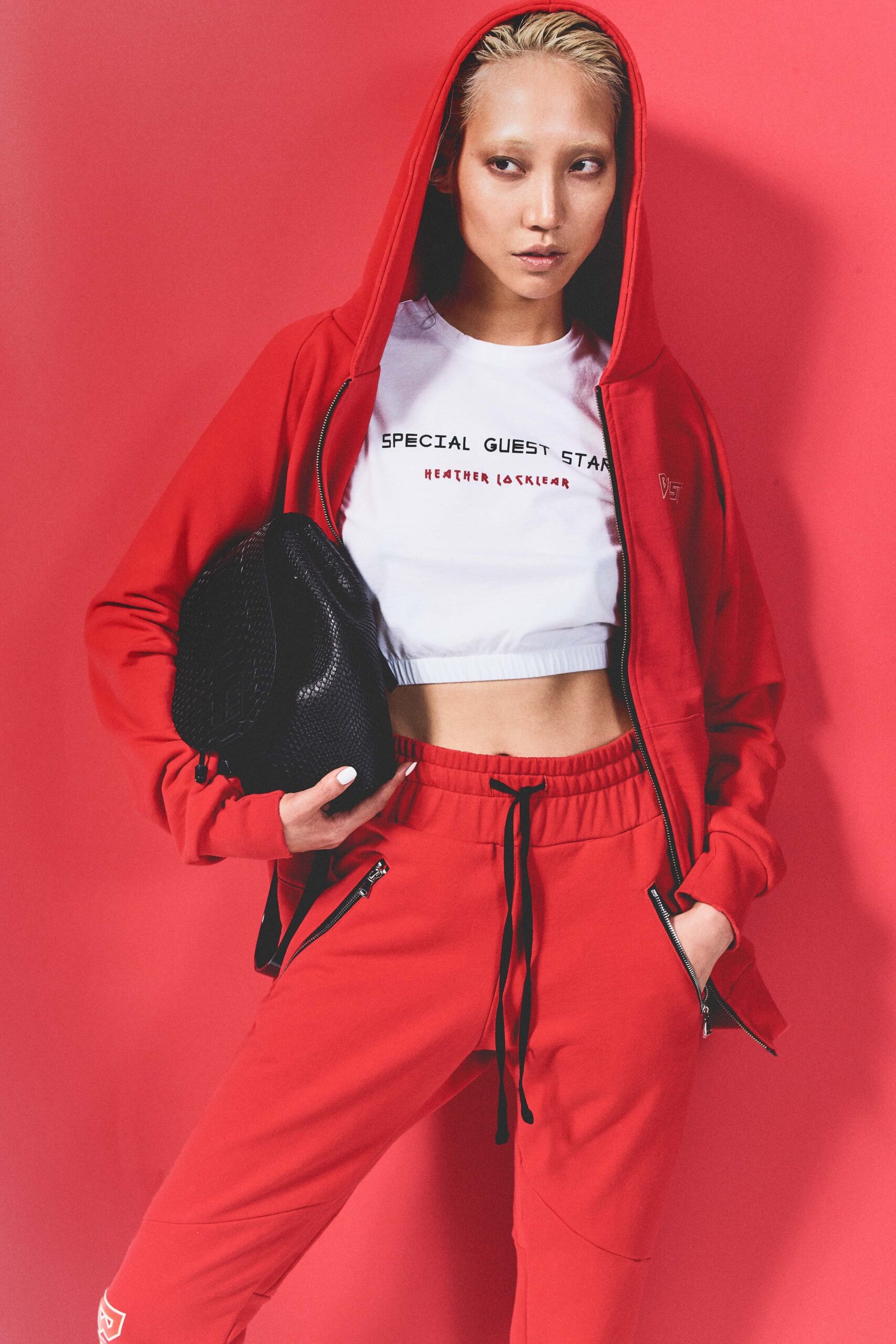 red hoodie with white t-shirt