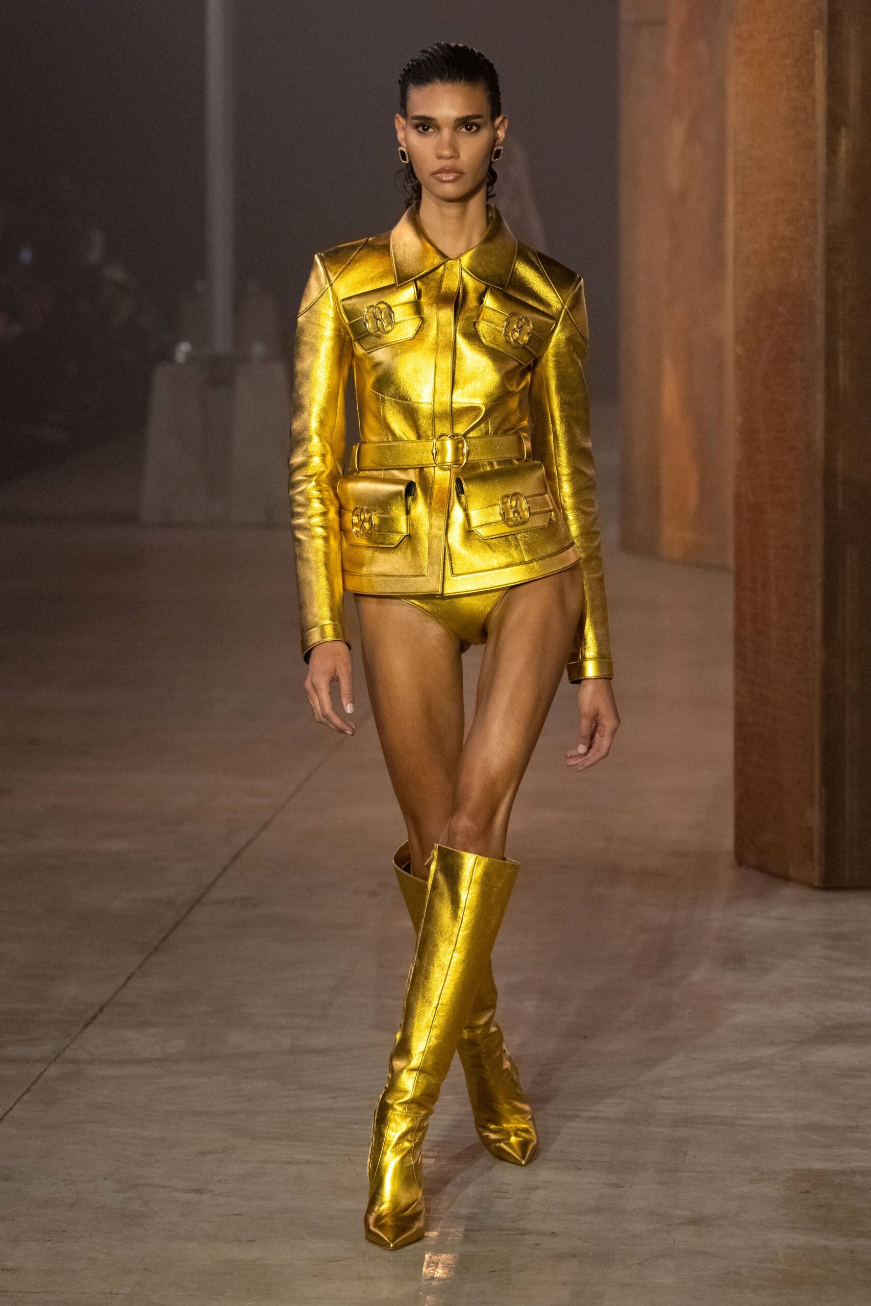 gold vinyl fitted jacket and shorts