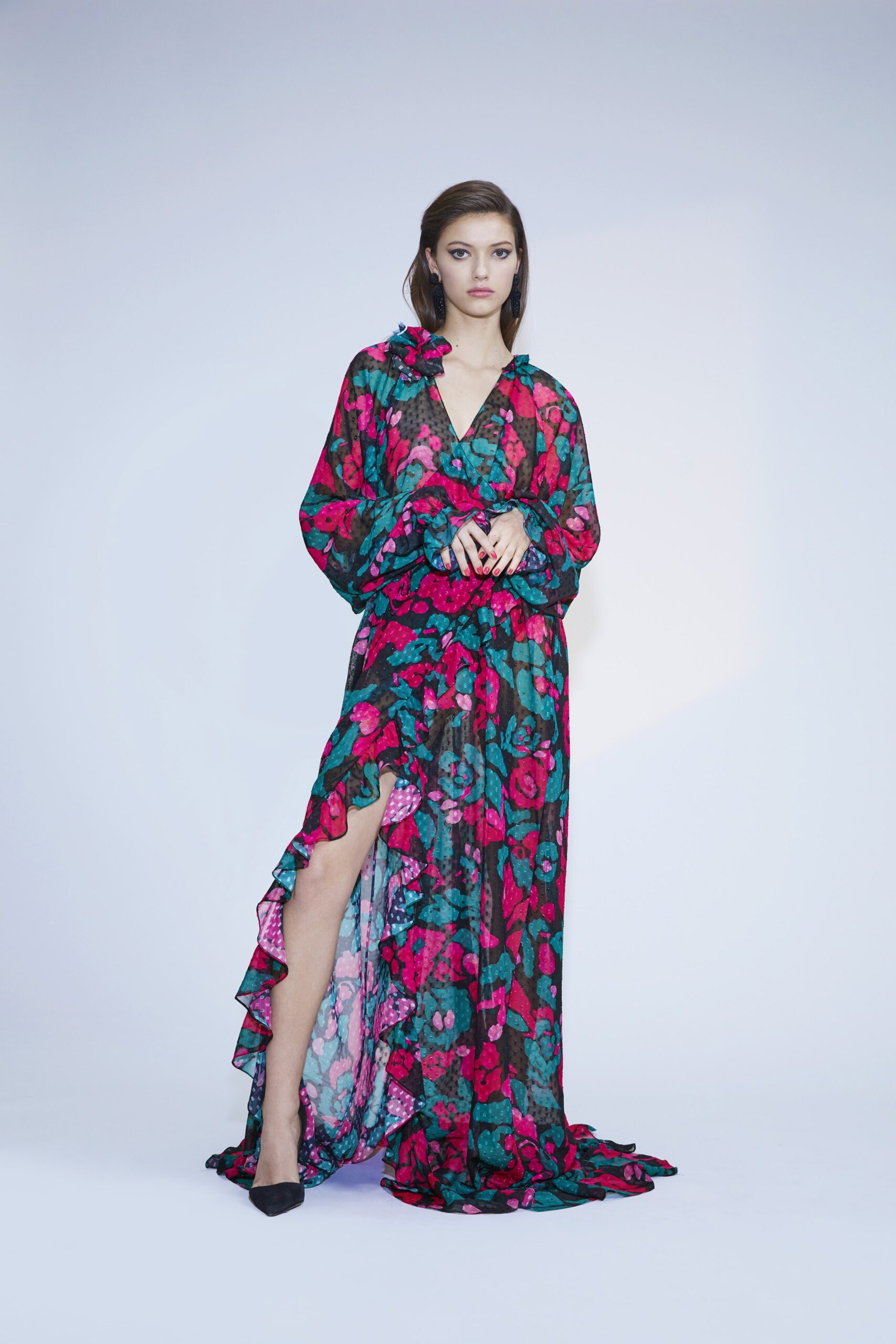 black pink green floral gown