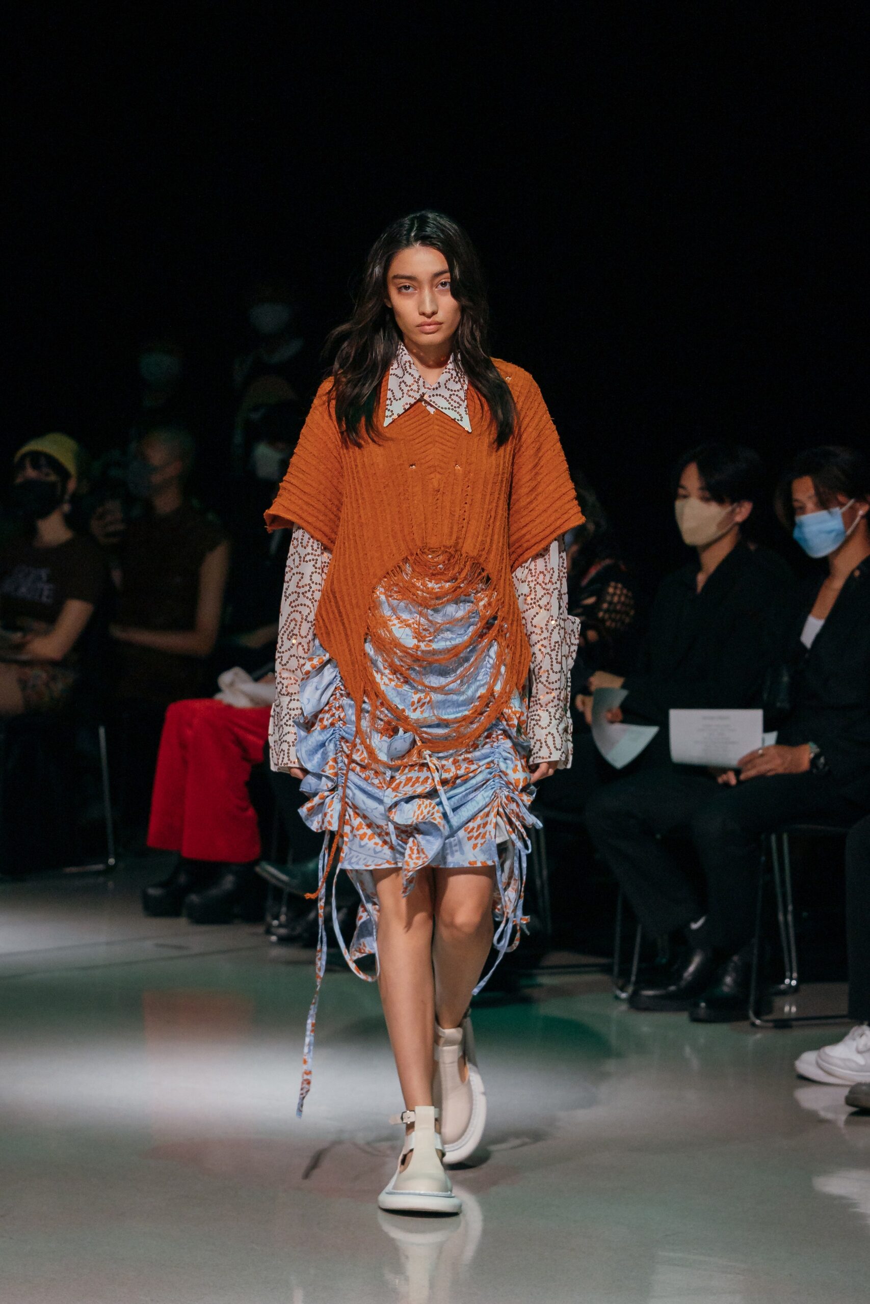 orange cotton top with blue skirt